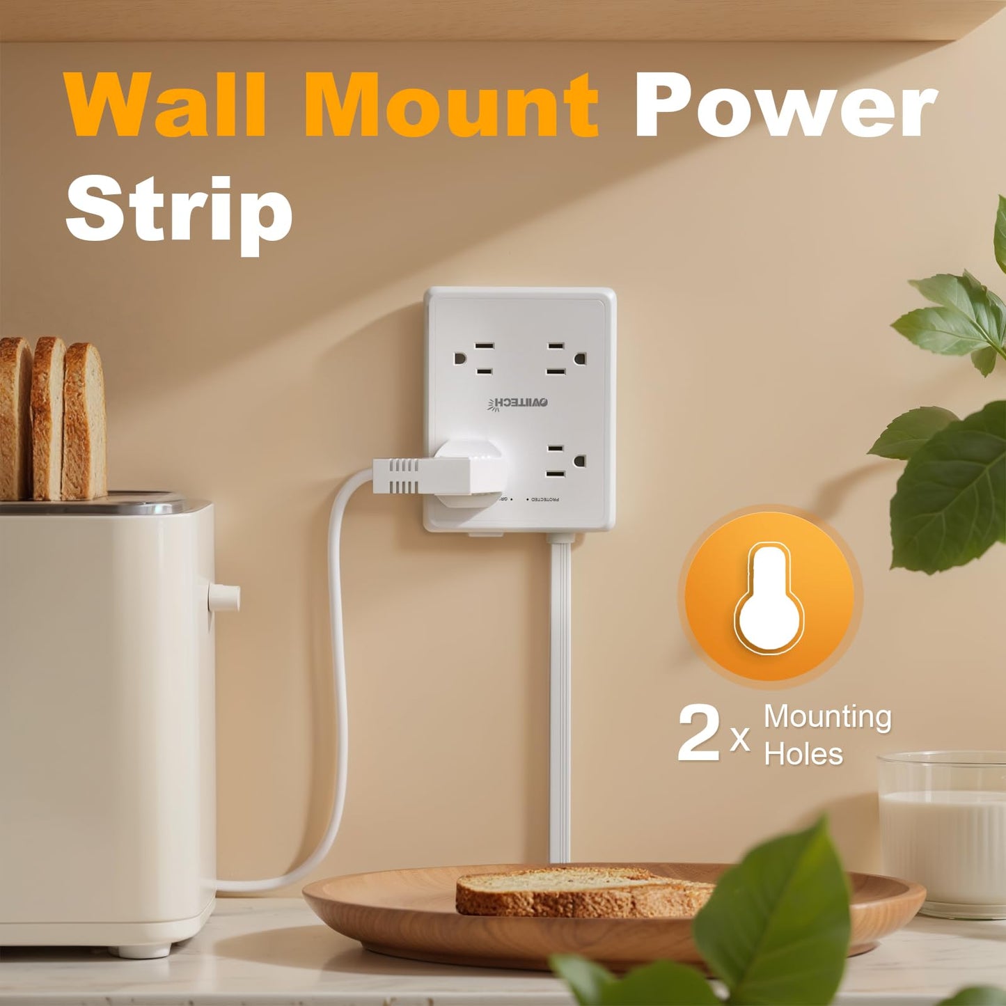 Surge Protector Flat Extension Cord Power Strip 6Ft, 8 Outlets with 4USB Ports (2 USB-C), 1350 Joules Protection, Ideal for Office, Home, White