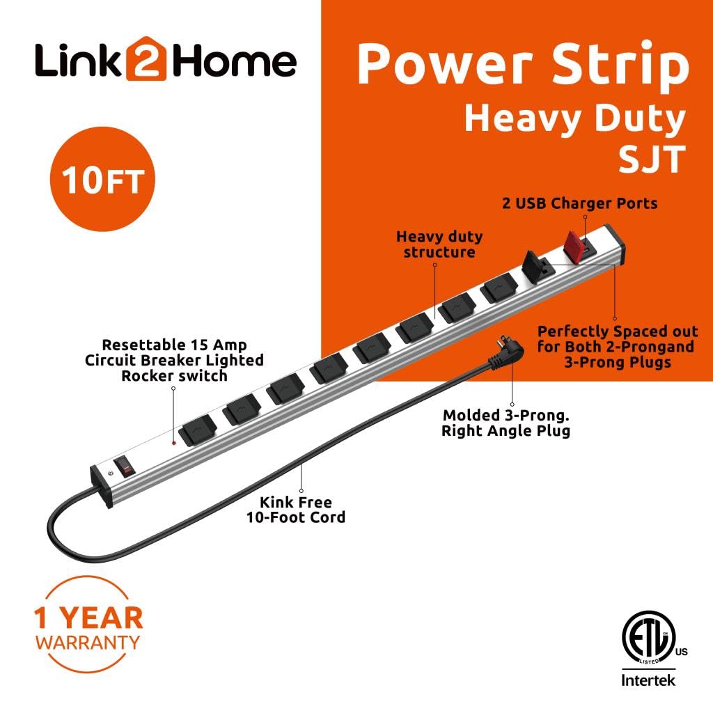 9 Outlets 2 USB Heavy Duty Metal Socket Power Strip,10-Foot Long Extension Cord with Circuit Breaker. Mounting Brackets Included, Workshop/Industrial