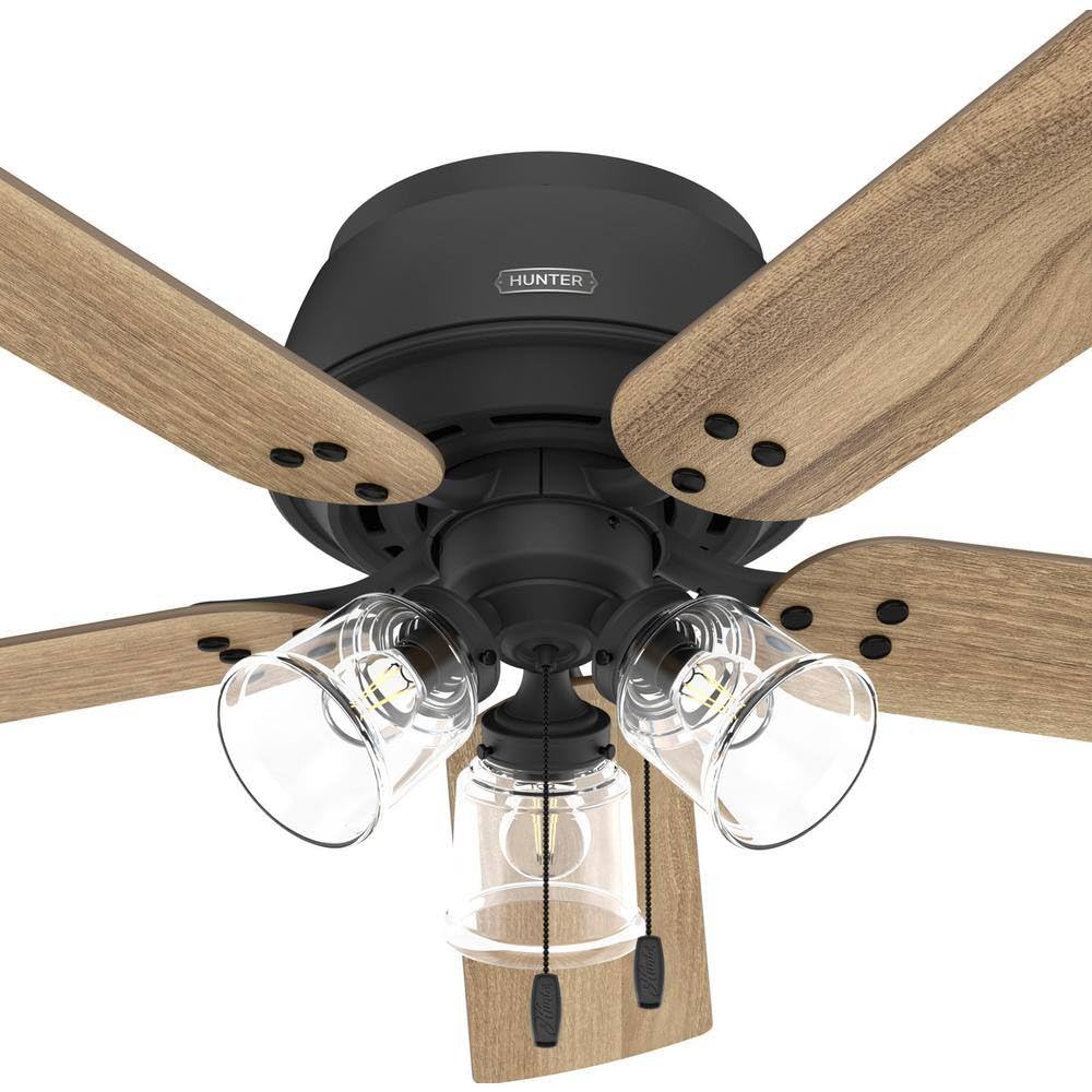 Hunter Fan 52 inch Low Profile Matte Black Finish Indoor Ceiling Fan with LED Light Kit and Pull Chain (Renewed)