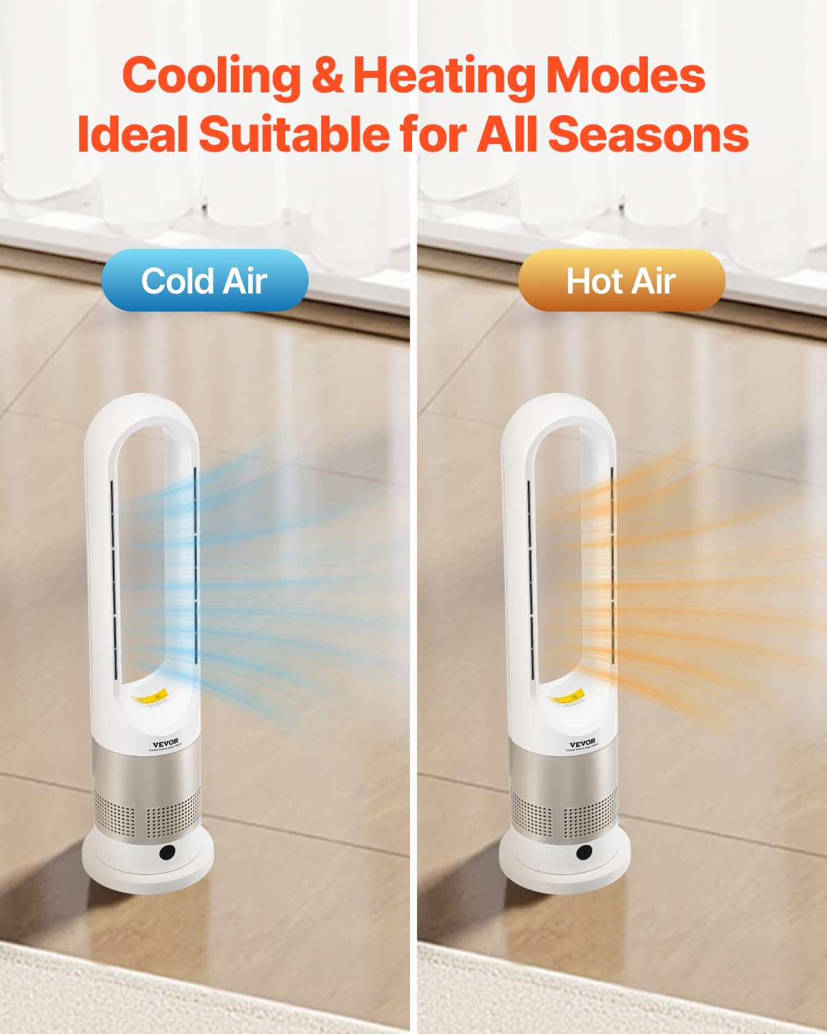 VEVOR Tower Fan Bladeless, 16 ft/s Velocity Quiet Floor Fan with Cooling Effect & Heating Mode, 80° Remote Oscillating Fan, 8-Speed 9H Timer Standing