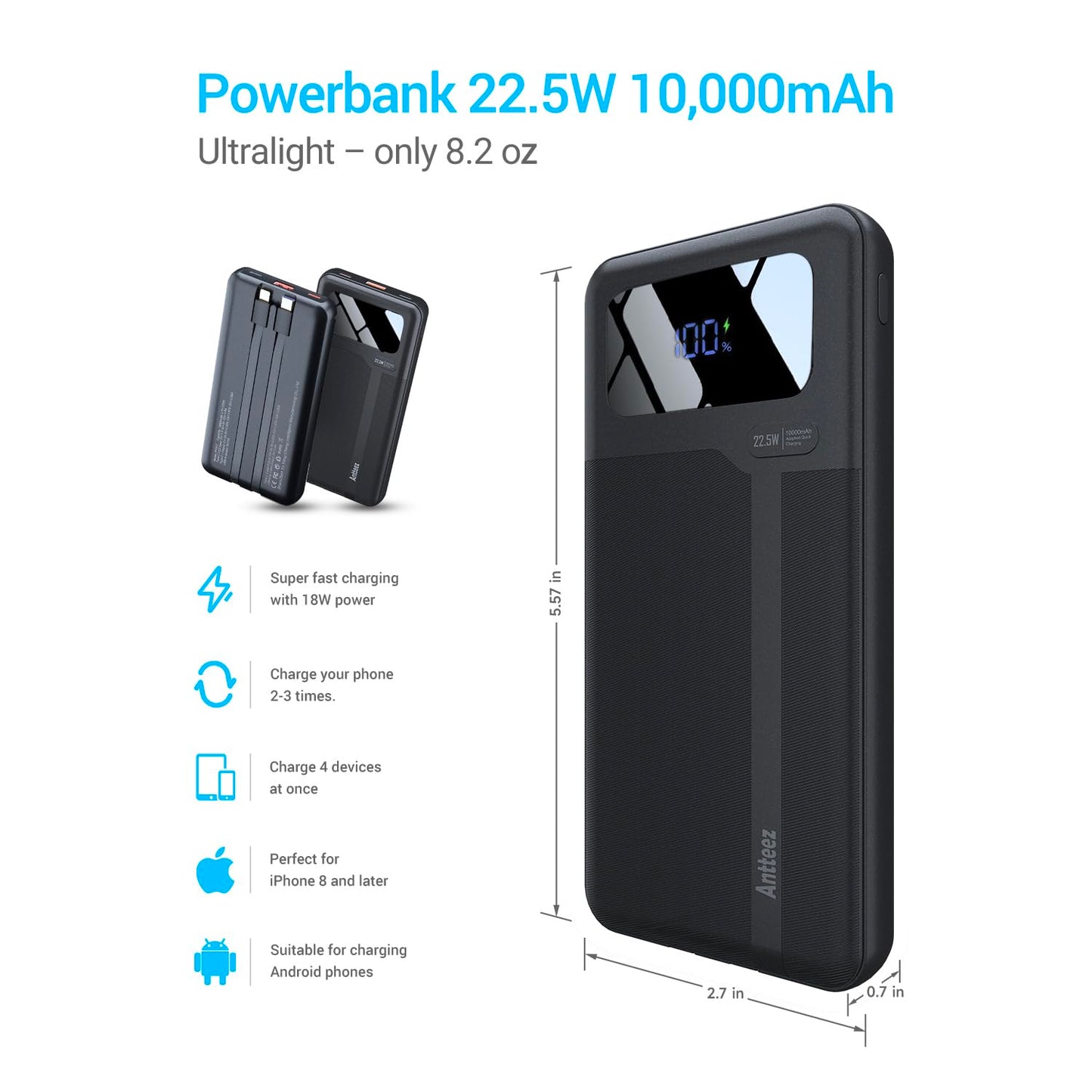 Antteez Portable Charger 10,000mAh, Power Bank Fast Charging with Built-in Cables, 22.5W USB C Travel Battery Pack, LED Display & 4 Outputs
