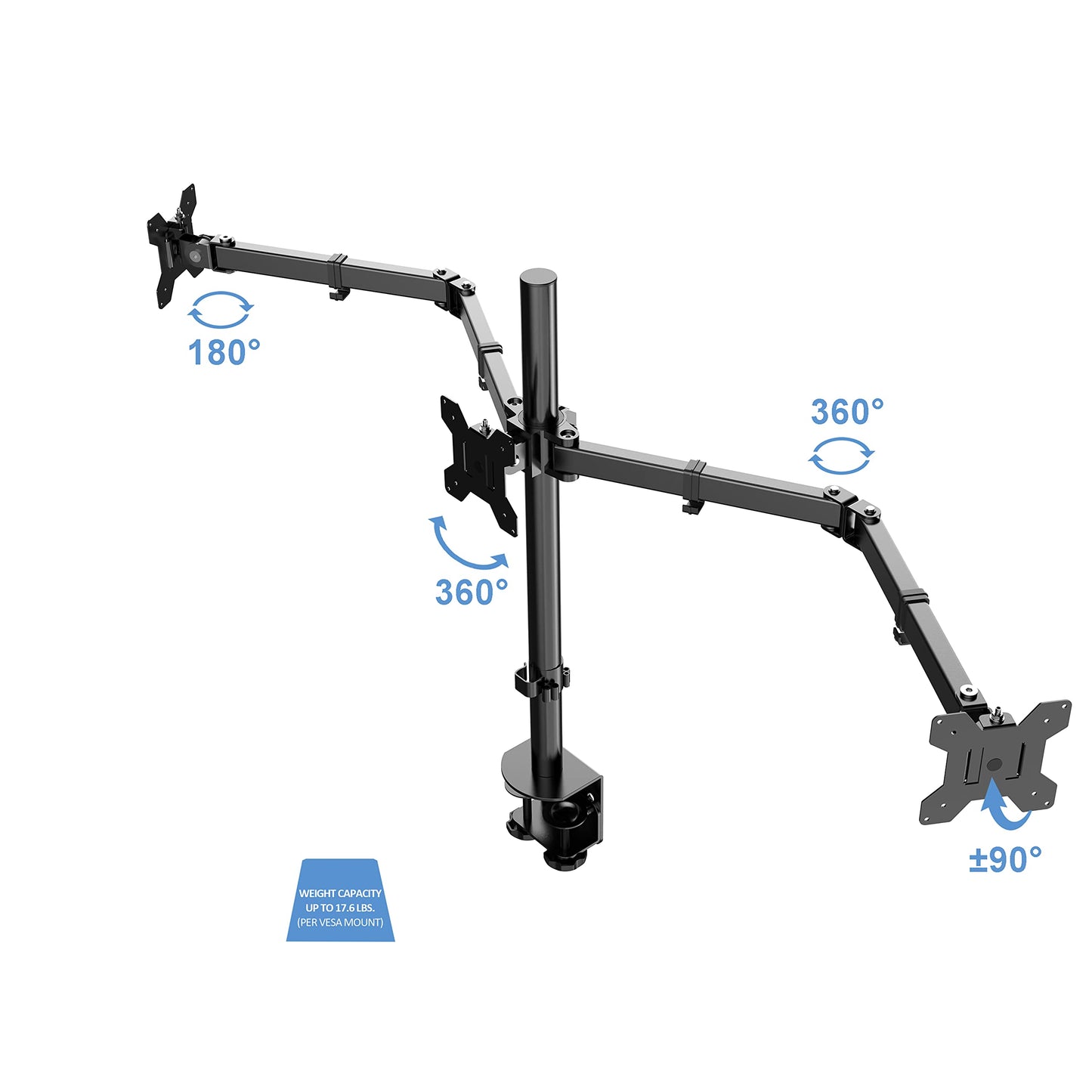 Rocelco Premium Triple Monitor Desk Mount - Standard Pattern Fits 13" - 27" LED LCD Flat Computer Screen - Three Articulated Full Motion Adjustable
