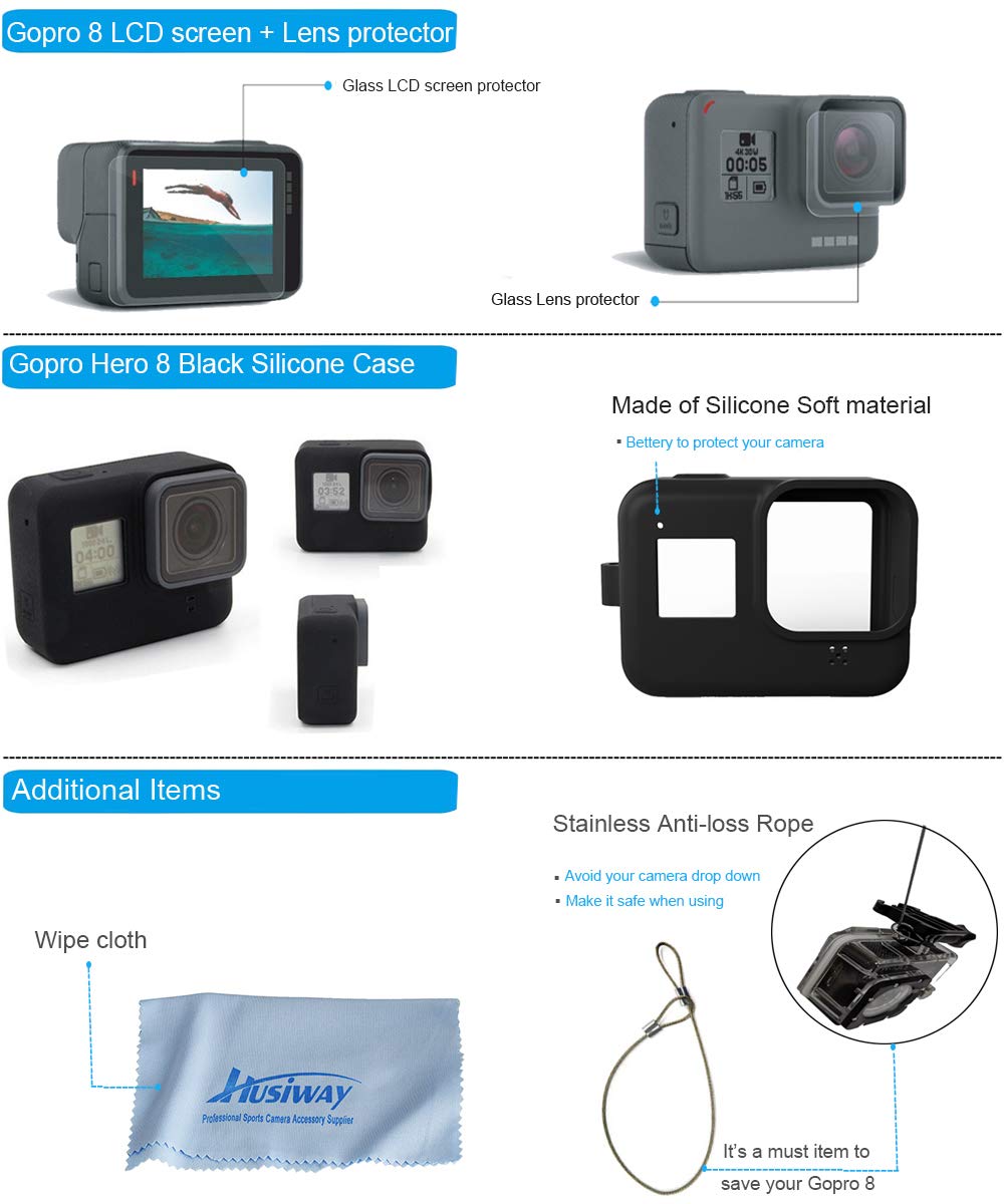 Husiway Action Camera Accessories Kit for Gopro Hero 8 Black Waterproof Housing Silicone Case Glass Screen Protector are Compatible with Gopro8 Hero8