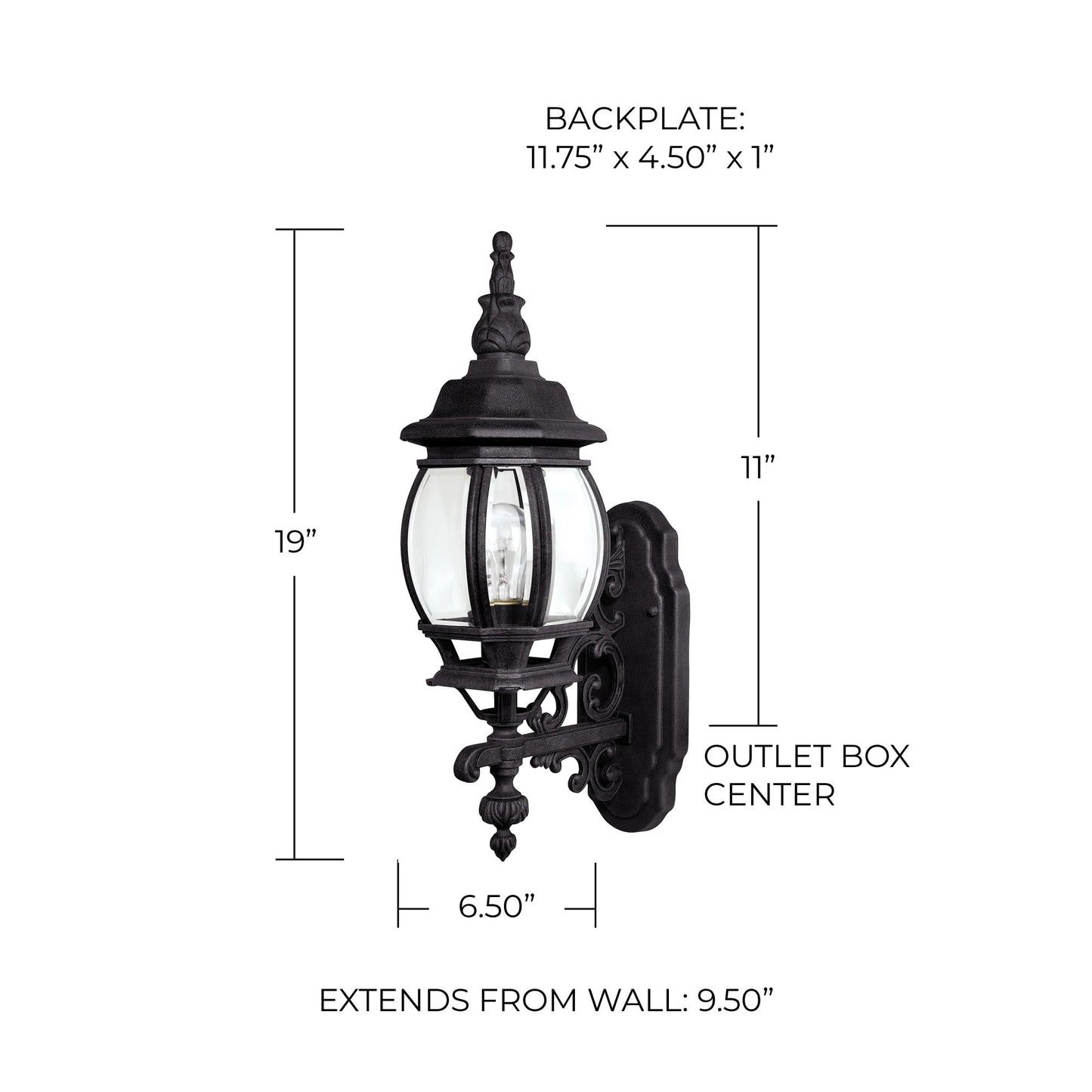 Capital Lighting 9867BK French Country Clear Glass Outdoor Wall Sconce, 19" H x 7" W, 1-Light 100 Watts, Black