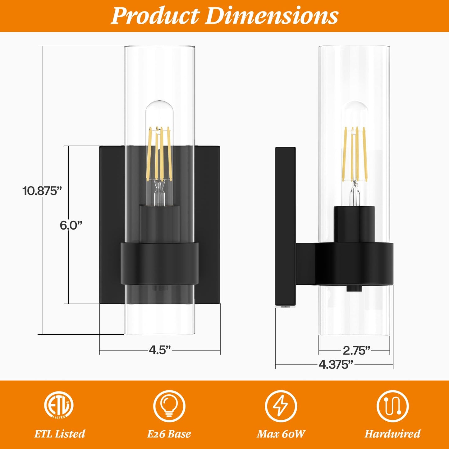 Zevluck 1-Light Wall Sconce, Matte Black Bathroom Vanity Light with Cylinder Clear Glass, Modern Hardwired Vanity Wall Lamps for Bathroom, Bedroom