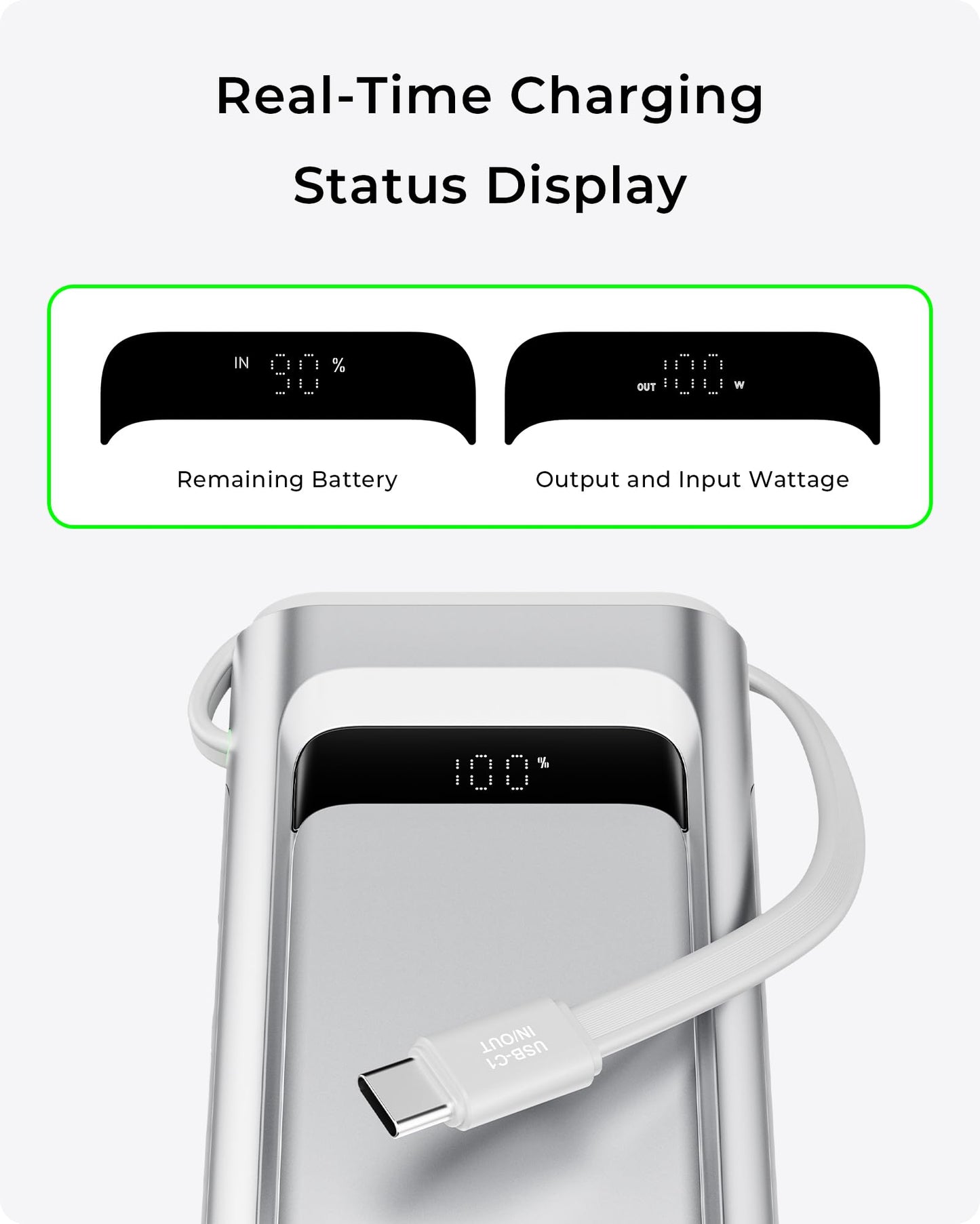 TALIX 10000mAh Portable Charger, 3-Port USB-C Power Bank, 100W Max Fast Charging Battery Pack with Built-in Cables for iPhone 17/16/15 Pro