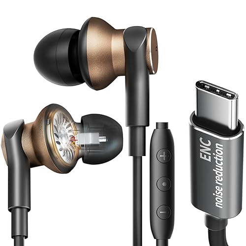 Type C Wired Earbuds with Noise-Canceling Microphone,Immersive Stereo Bass USB C In Ear Headphones Dynamic and Balanced Armature Subwoofer Noise…