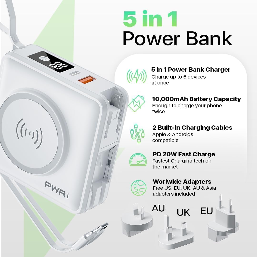 PWRMobile PWR Travel PRO 5-in-1 Power Bank - 10,000mAh with Built-in Cables - 20W USB-C + 15W Wireless Charging - Compact Portable Charger for iPhone