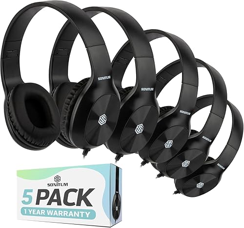 Sonitum Bulk Kids Headphones for School with Microphones - 5-Pack On-Ear 3.5mm Wired Headphones for Schools -Comfy Wired Kids Headphones with in-Line