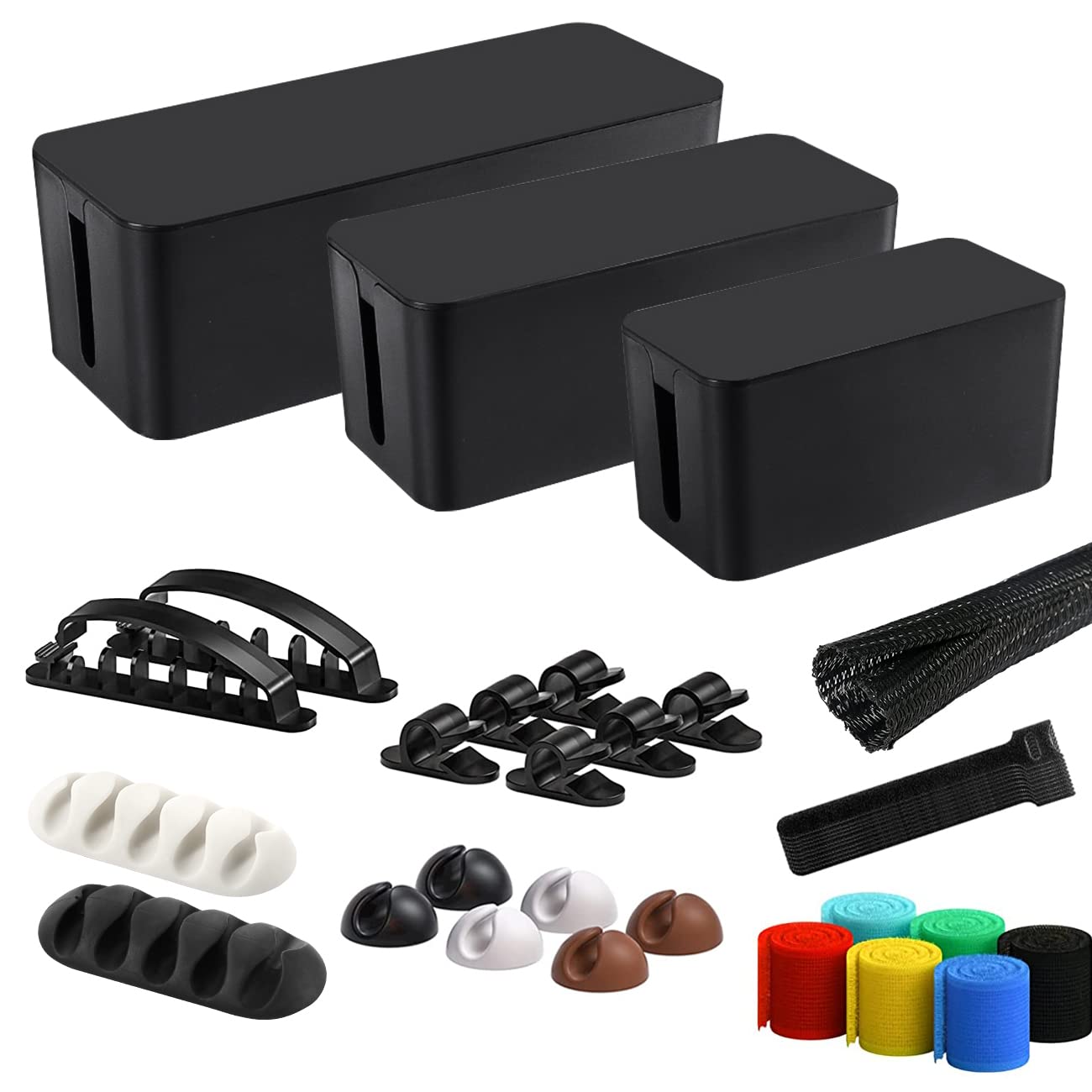 Cable Management Box, 3 Pack Cord Organizer Boxes with 33 PCS Cable Management Set to Cover Hide Power Strip, Surge Protector Under Desk & on Floor