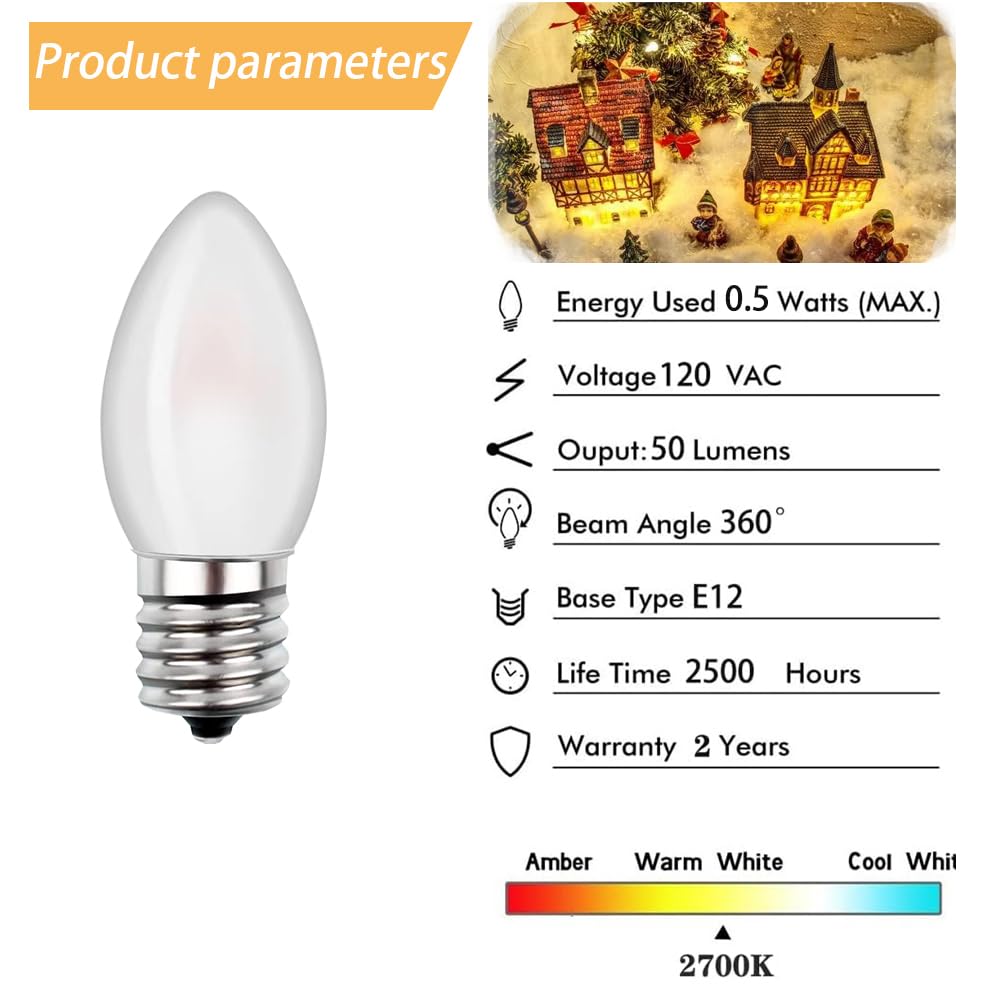 C7 Candelabra Led Light Bulbs, Small Night Light Bulb,0.5W Equivalent to 4 Watt 5 Watt Incandescent,Christmas Village Replacement Bulbs-E12 Base 2700K
