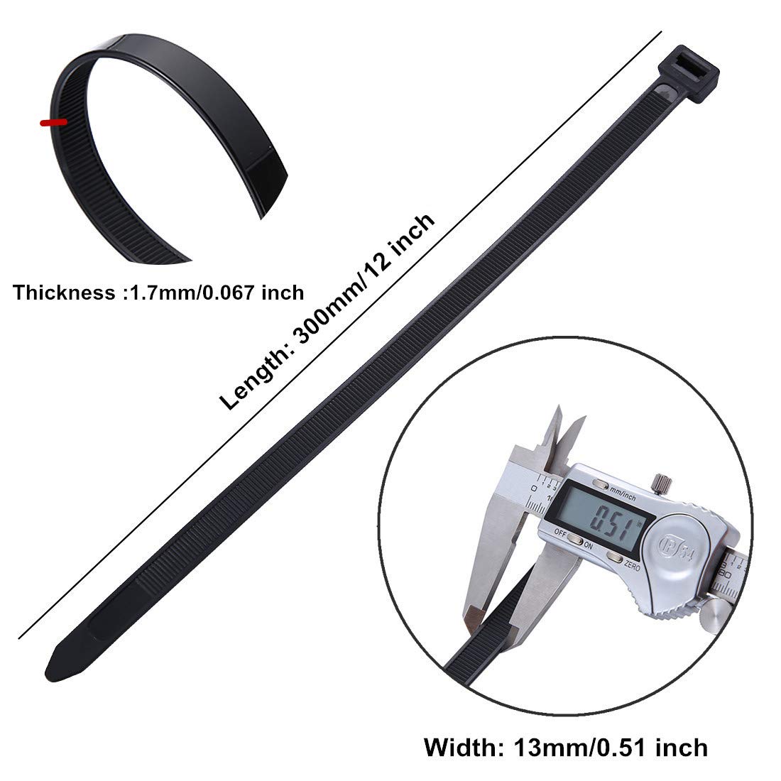 60 Piece Multi-Purpose Ultra Heavy Duty UV Cable Ties,11.8 Inch Width 0.51 Inch, 250 lbs Tensile Strength,Non-metal bands,Black