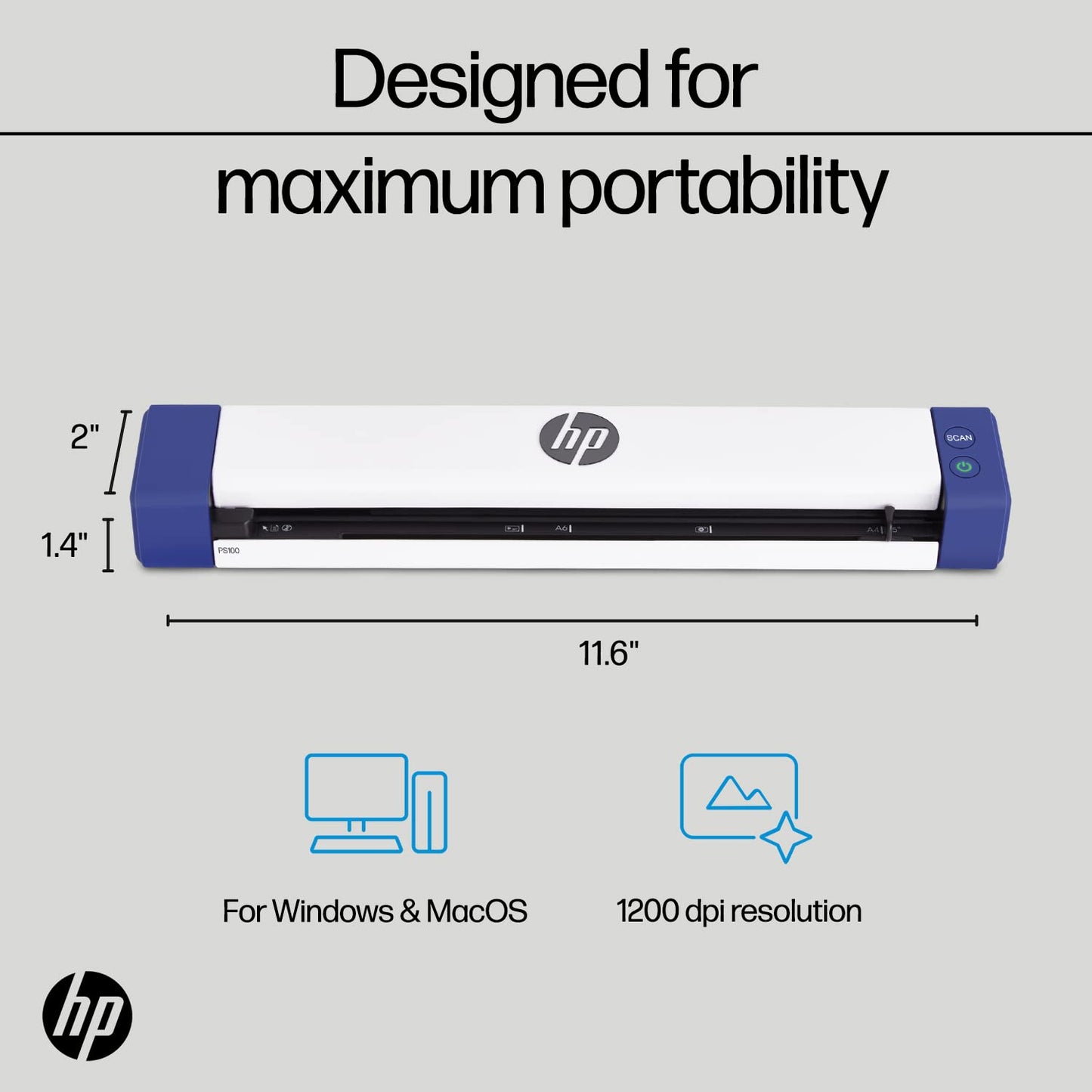 HP Small USB Document & Photo Scanner for Portable 1-Sided Sheetfed Digital Scanning, Model HPPS100, for Home, Office & Business, PC and Mac