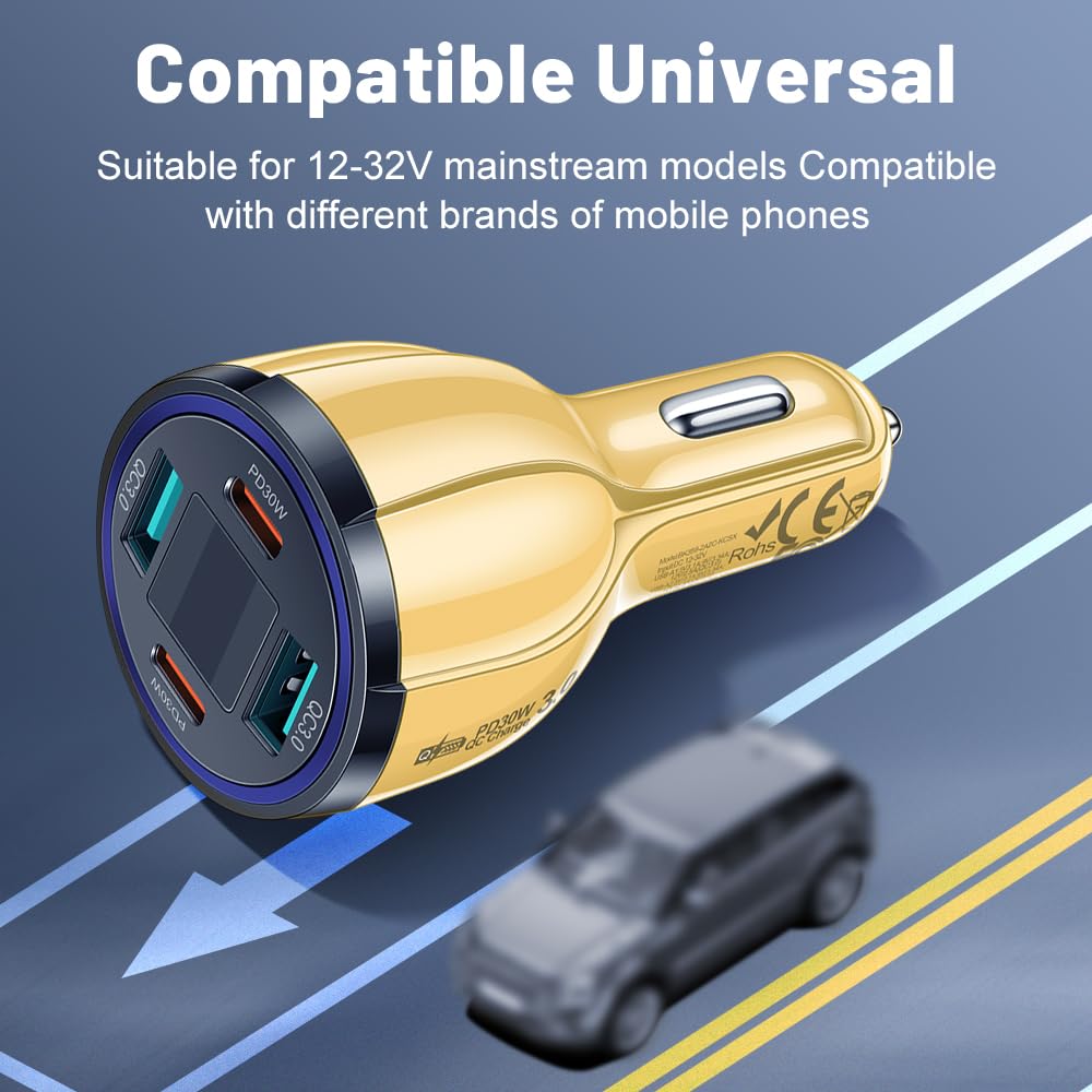 USB C Car Charger Adapter with Voltmeter Compatible with iPhone, Android, Samsung, iPad Pro, PD30W &QC3.0 Multi Port Fast Charging (Yellow)