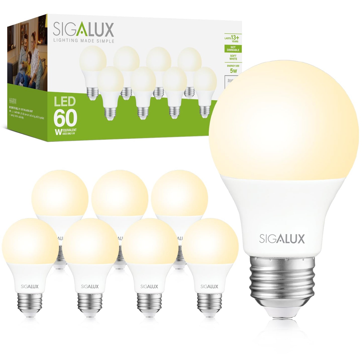 Sigalux EnergyPro, High-Efficiency LED Light Bulbs 60W Equivalent A19 2700K Warm Bulbs, Non-Dimmable Efficient 5W Soft White LED Bulb E26 Medium