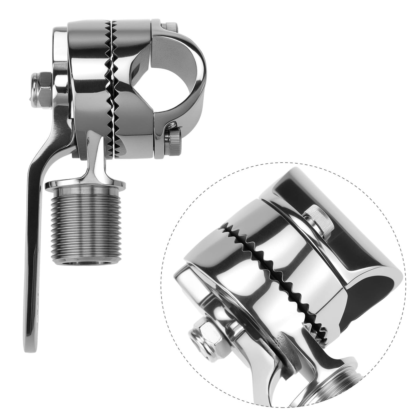 QWORK Marine VHF Ratchet Antenna Mount, Clamp-on Antenna, 1" - 12 Thread Male 316 Stainless Steel Adjustable Base for Boats