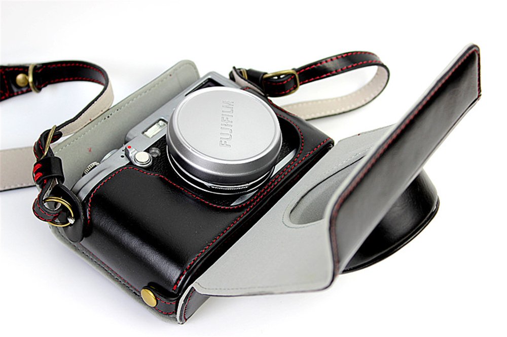 X100 Case, BolinUS Handmade PU Leather Fullbody Camera Case Bag Cover for Fujifilm Fuji X100 X100S X100T Bottom Opening Version + Neck Strap -Black