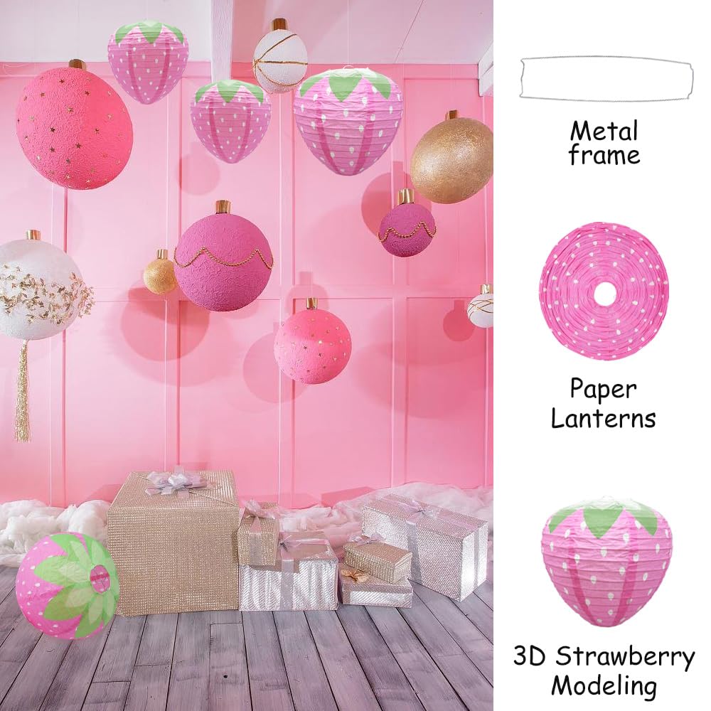Hocansen 4 PCS Strawberry Paper Lanterns 8in 12in 3D Strawberry Hanging Decoration Strawberrys Shaped Paper Lanterns Fruit Hanging Ornaments