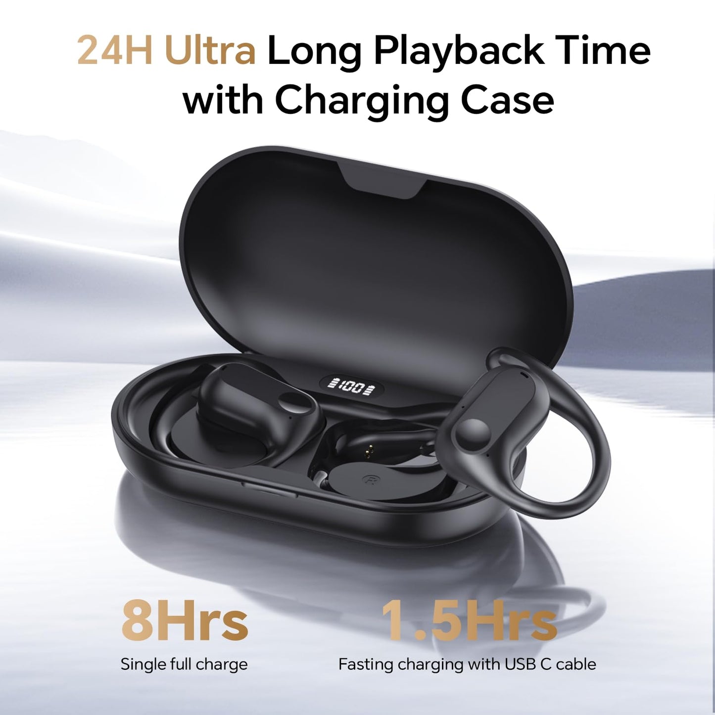 Open Ear Headphones Wireless Earbuds Air-Conduction Bluetooth Earphones LED Digital Display 24H Playtime Over Ear Buds Stereo Sound Lightweight…