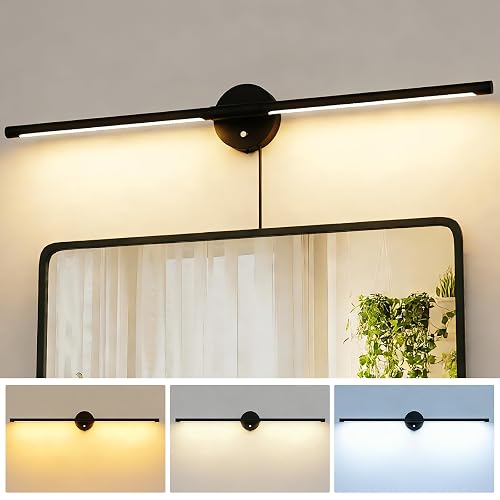 TEMYFIVE 31inch Plug in Bathroom Vanity Light, 6000K Black Wireless Vanity Lights with Remote Control, Black Bar Mirror Light for Bathroom Mirror