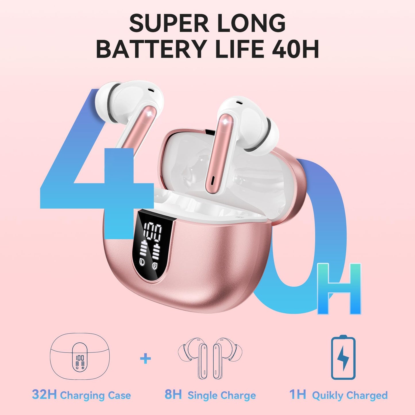 Wireless Earbuds, Bluetooth 5.3 Headphones 40Hrs Playtime Deep Bass Stereo
