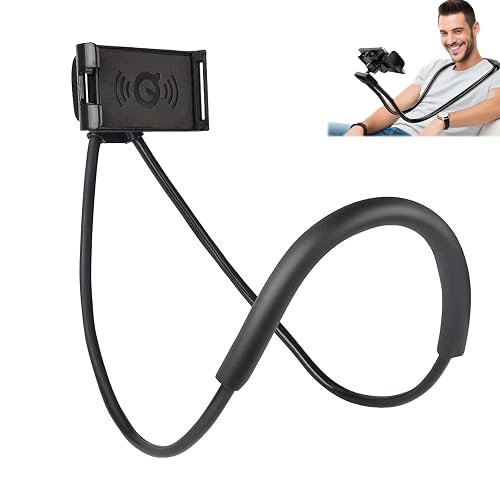 geyitafum Cell Phone Stand Hanging on Neck Upgraded, Hands-Free Mobile Phone Holder Clip on Bed/Table 360° Rotation iPhone Tablet Mount Bracket