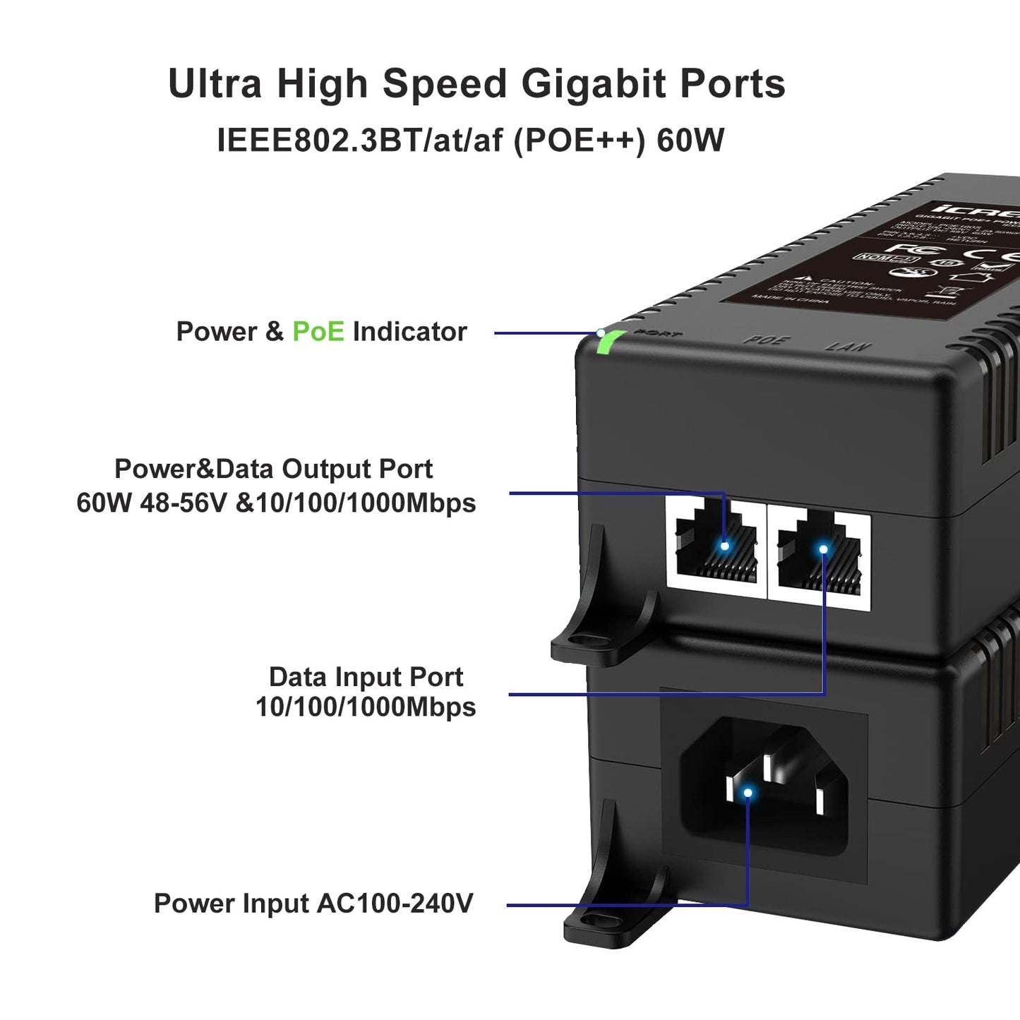60W Gigabit PoE++ Injector,10/100/1000Mbps, Shielded RJ-45, IEEE 802.3af/at/bt Compliant, PoE Adapter for High-Power Ethernet Compatible with Trendnet