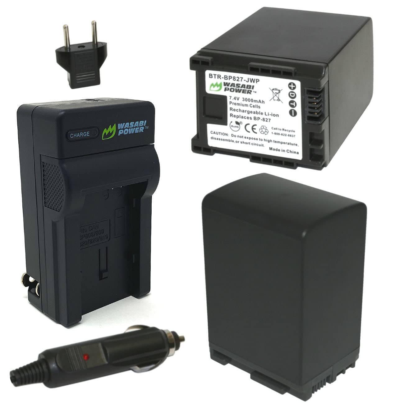 Wasabi Power Battery (2-Pack) and Charger for Canon BP-827 and Canon VIXIA HF20, HF21, HF200, HF G10, G20, M30, M31, M32, M40, M41, M300, M400, S10