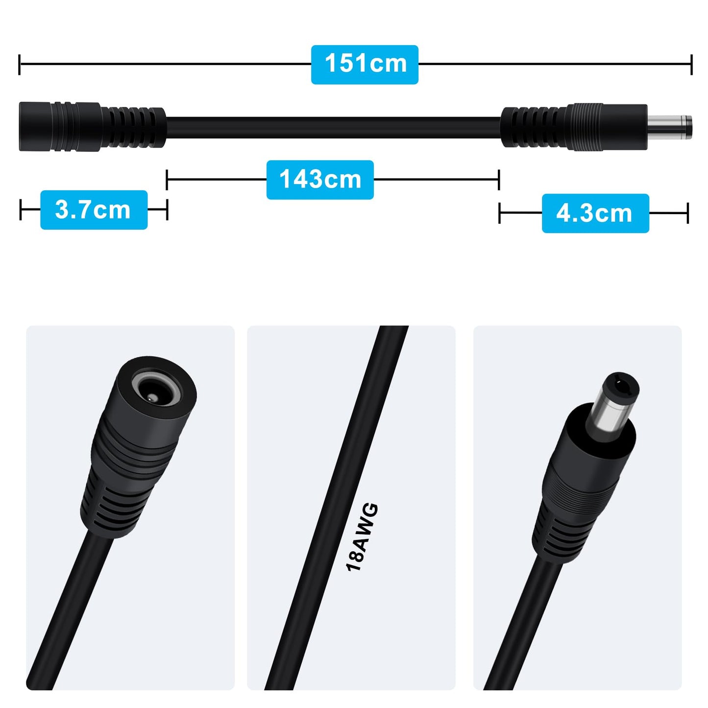 YINGAYOU DC Power Extension Cable 5.5mmx2.1mm 18AWG DC Cable Male to Female 5V 6V 9V 12V 24V 3A for Security Cameras, DVR, Router, Printer, LED Strip