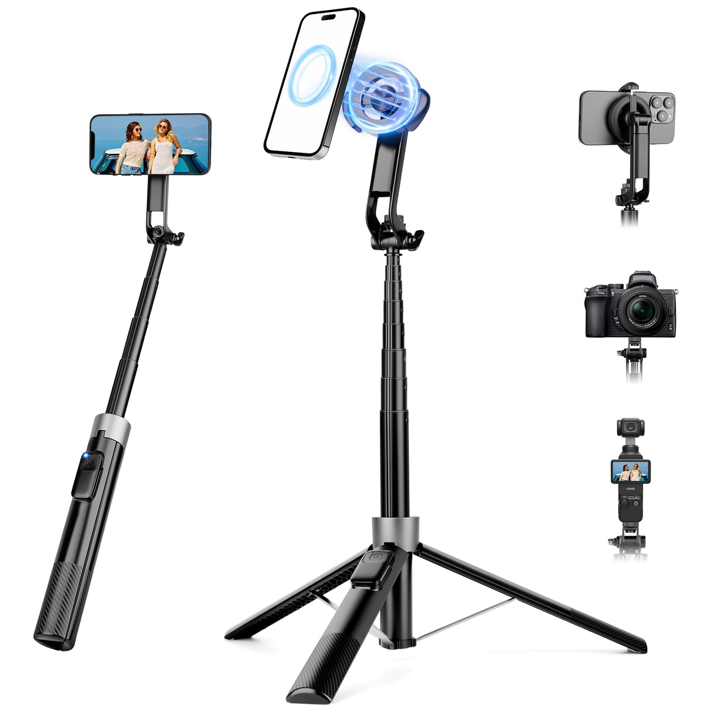 70" Magnetic Phone Tripod, Selfie Stick Tripod for iPhone MagSafe & Camera with Rechargeable Remote & 2 in 1 Magnetic Holder, 360° Rotatable Portable
