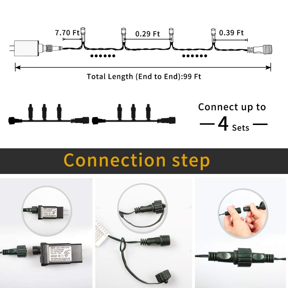 OUTYLTS Christmas String Lights End-to-End Plug 8 Modes 108FT 300 LED IP55 Outdoor Waterproof UL Certificated Indoor Fairy Lights Garden Wedding