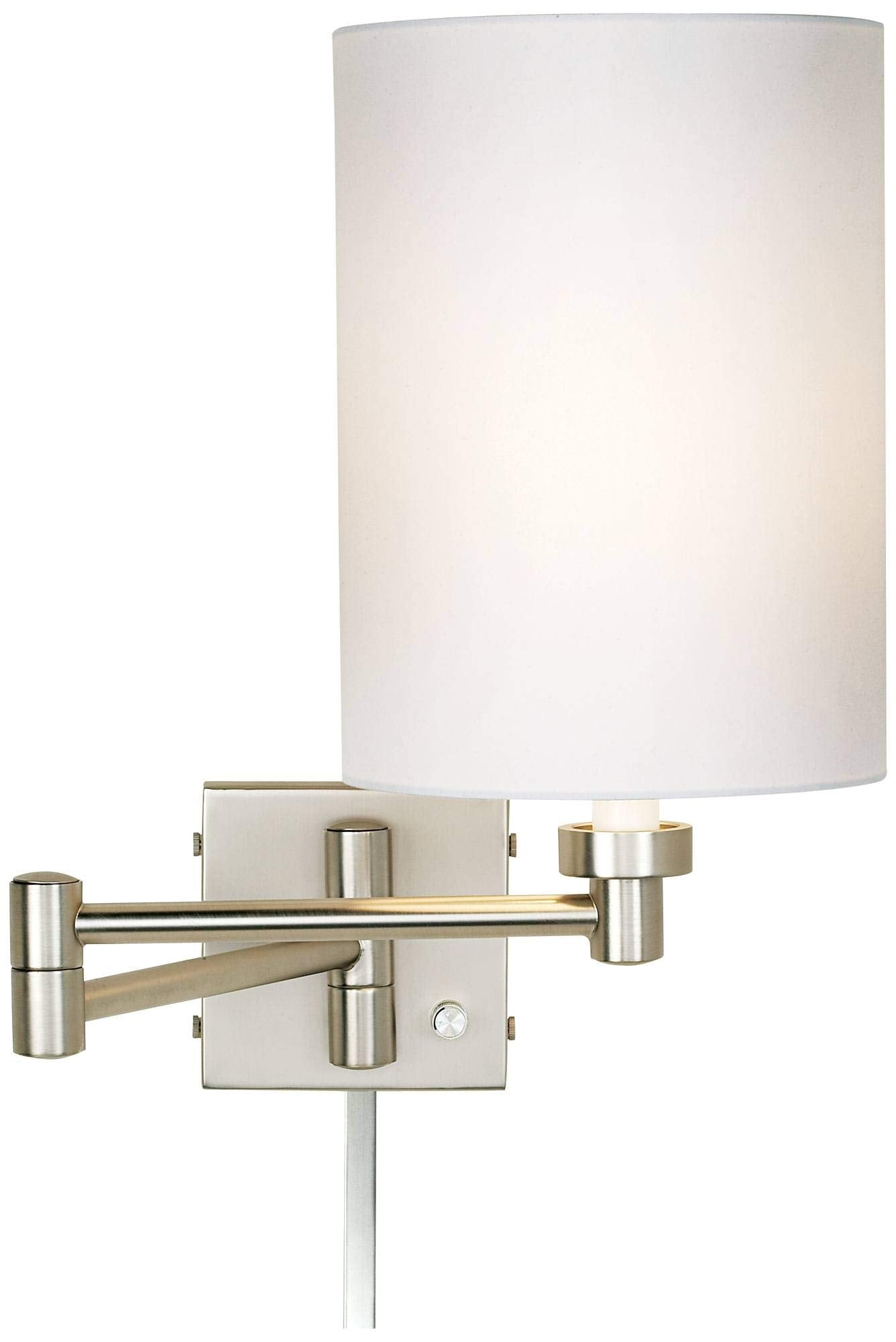 Possini Euro Design Modern Swing Arm Wall Lamp with Cord Cover Brushed Nickel Plug-in Light Fixture White Cotton Cylinder Shade for Bedroom Bedside