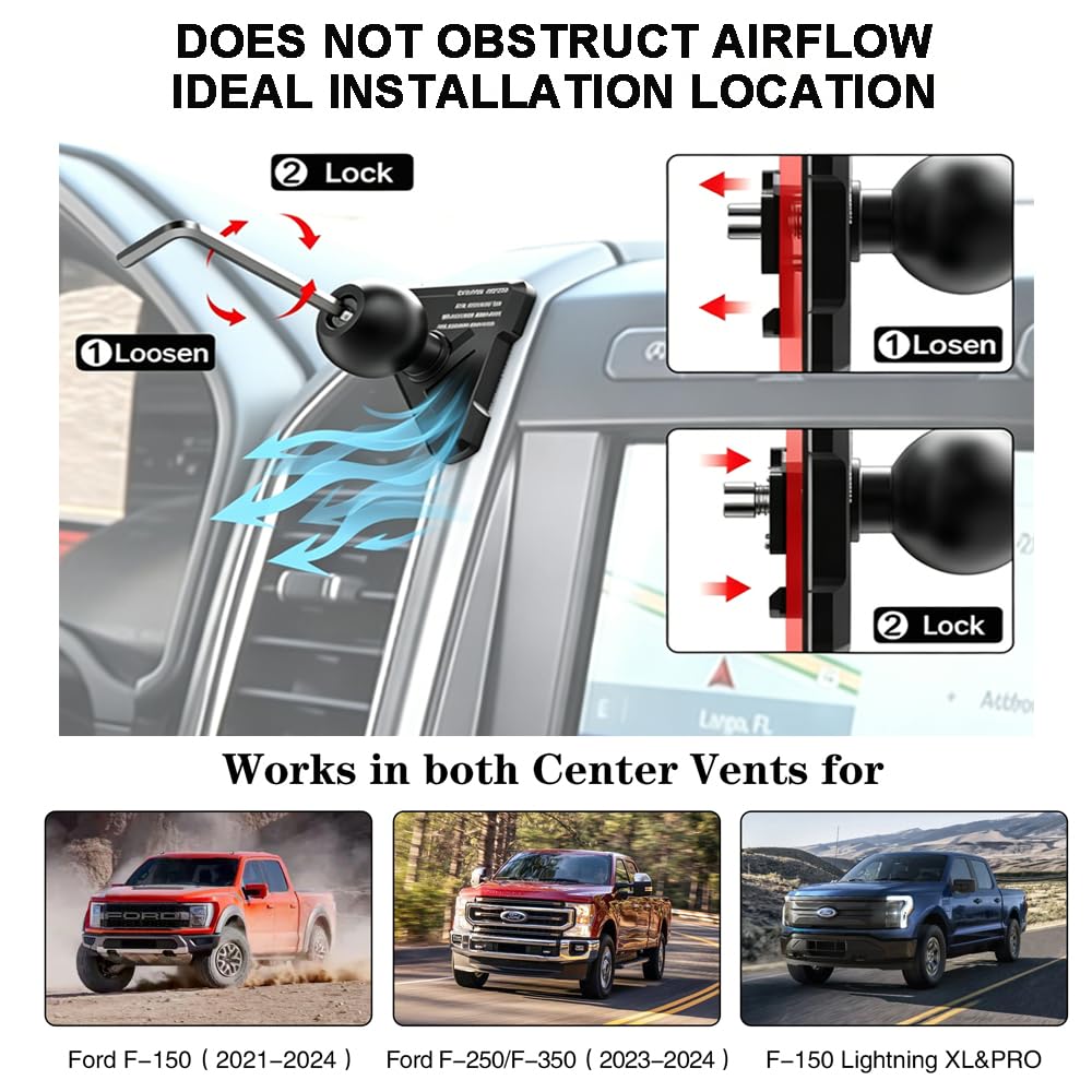 KOQEIEY Upgraded Aluminum Vent Phone Mount for Ford F150 2021-2024, Ford F-250/F-350 2023-2024, F-150 Lightning XL&PRO, 360° Rotation Metal F150 Phone
