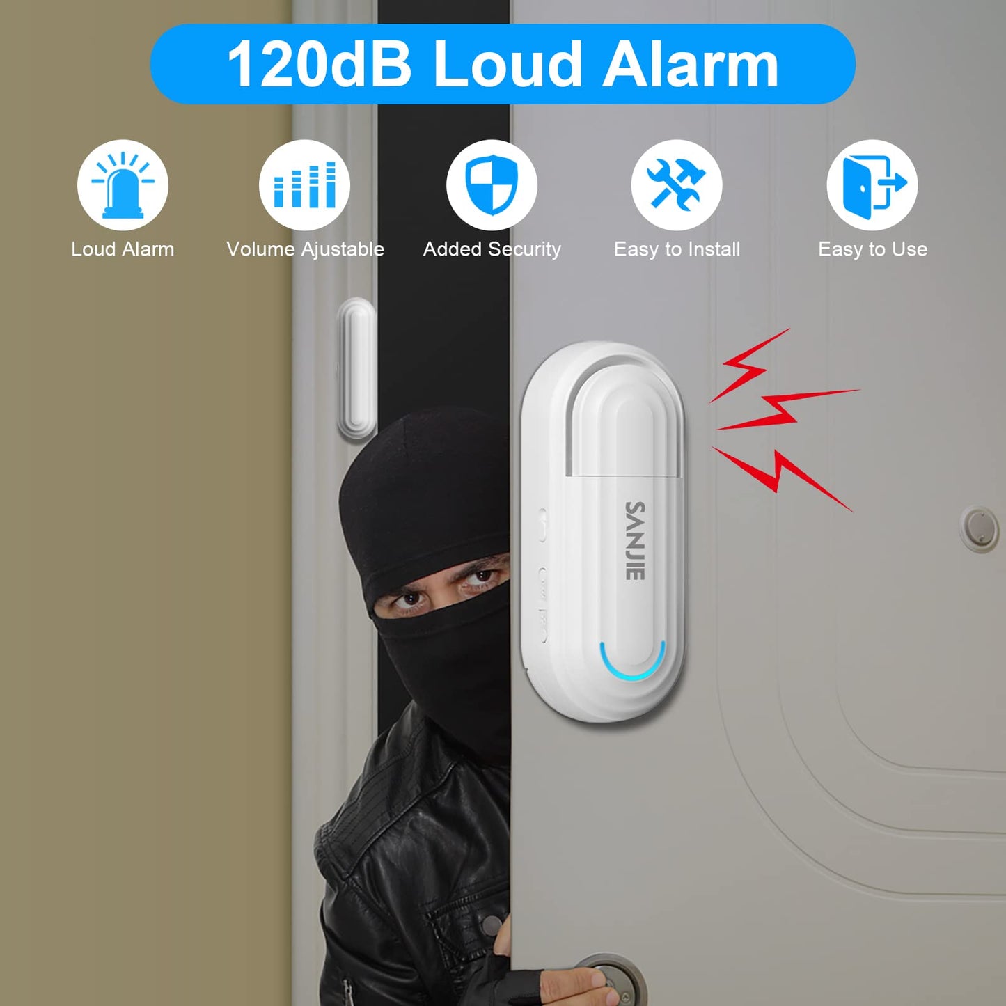 SanJie Window Alarm Sensors Door Alarms for Home Security Volume Ajustable 0-120 DB Pool Door Alarms for Kids Safety with 4 Modes Open