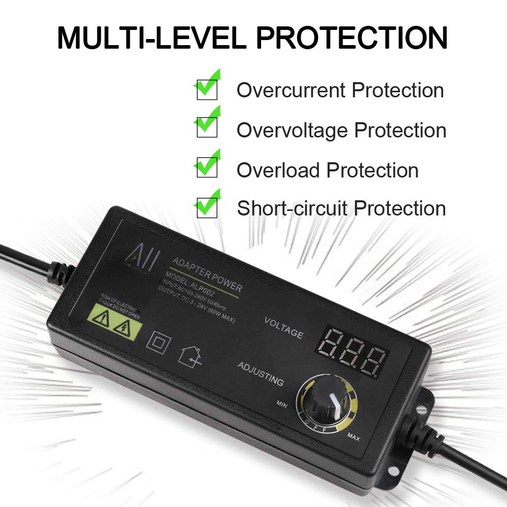 Universal 3V - 24V 1.5A 36W Adjustable DC Power Supply Adapter Speed Control Volt Display with Variable 8 Plugs and 1 Polarity Reverse Cable Cord