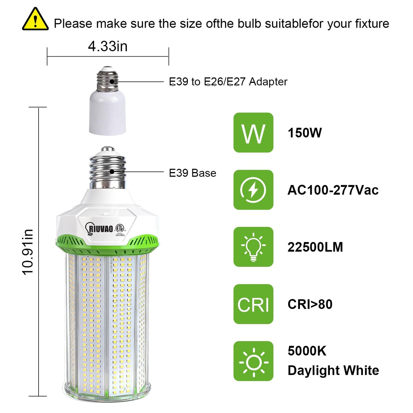 2 Pack 150W LED Corn Light Bulb 22500LM 5000K Daylight Super Bright LED Corn Bulbs, E26/E39 Base Light Bulb for Warehouse, Workshop, Garage, High Bay