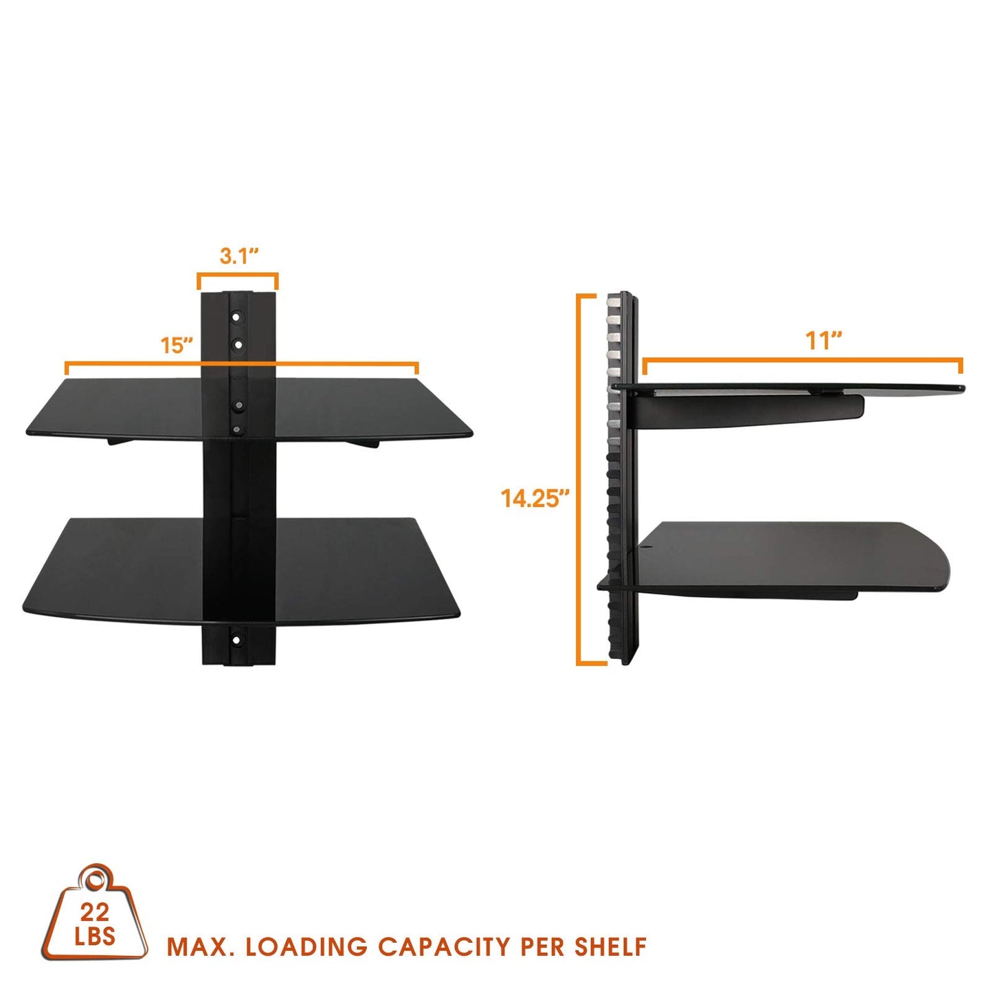 MegaMounts DVD302 Tempered Glass Double Shelf Wall Mount