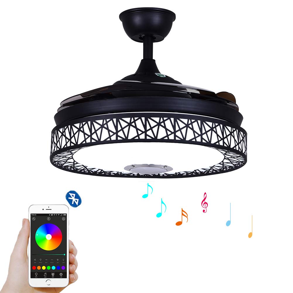 KPIBEST Retractable Ceiling Fan with Lights and 7 Colorful Dimmable, 42 Inch Modern Bluetooth Black Chandelier with Ceiling Fans and Remote Control 3