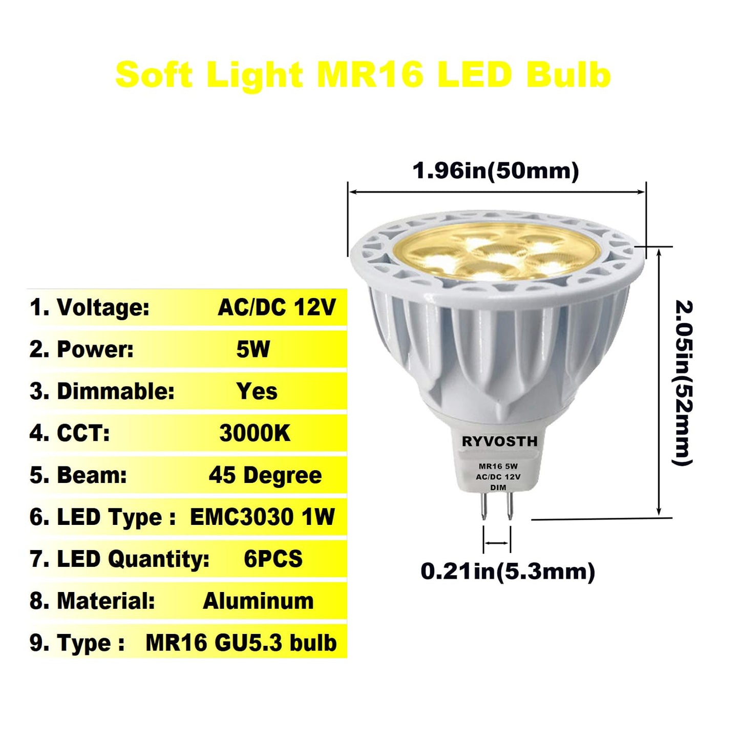 RYVOSTH 6-Pack MR16 Led Bulbs 5.5W Replace 35W 50W Halogen Equivalent,3000K Soft Warm White,12V Low Voltage MR16 GU5.3 Bulb Spotlights for Outdoor