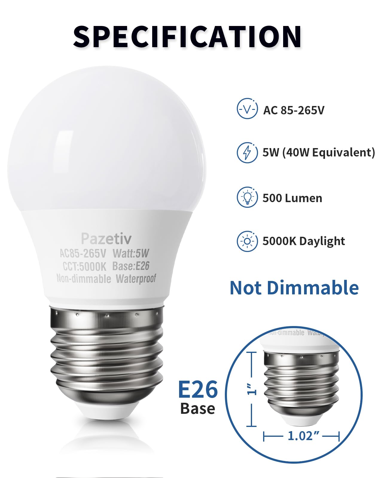 LED Refrigerator Light Bulbs 40 watt Equiv., 120V, Daylight 5000K, E26 Base