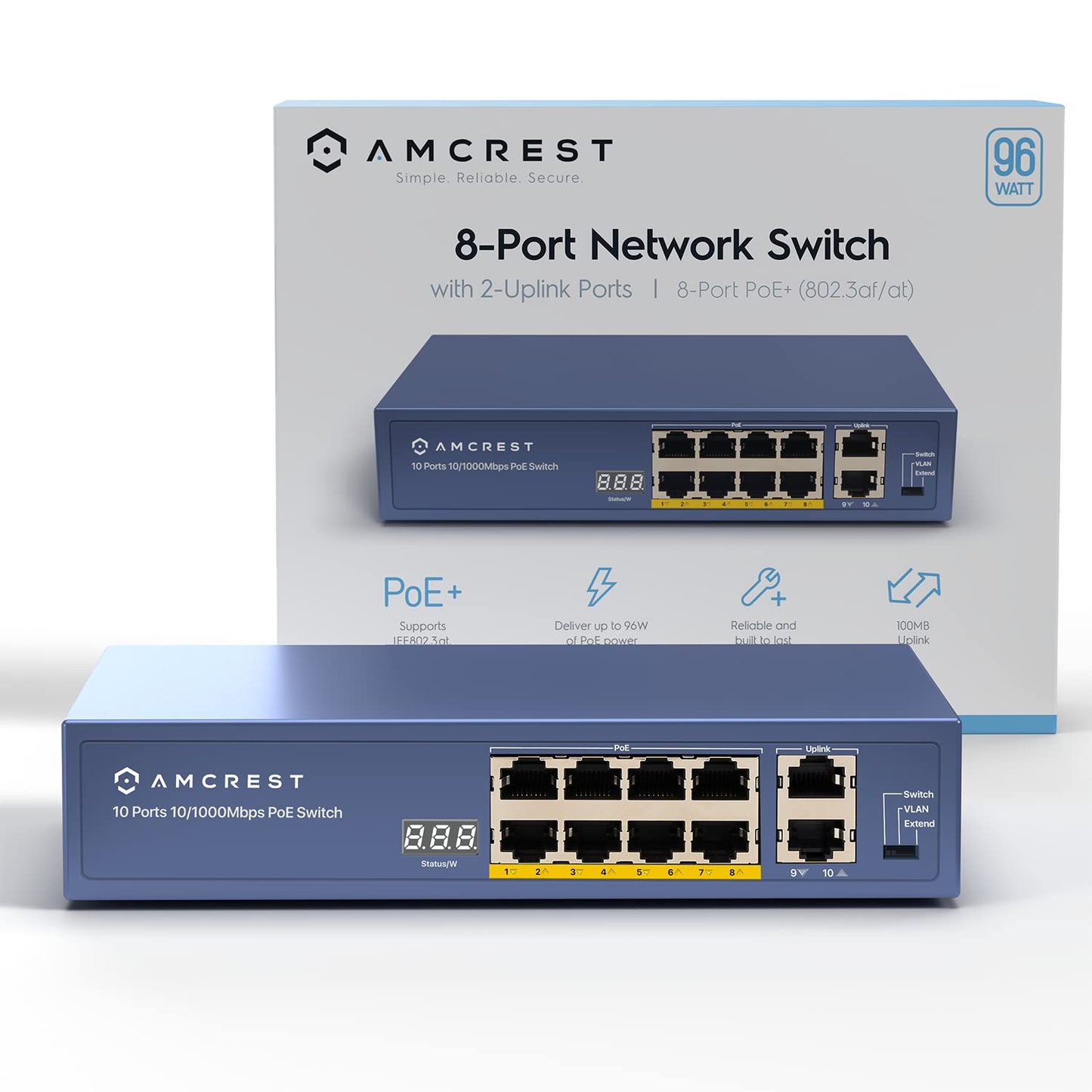 Amcrest 8-Port POE+ Switch, Power Over Ethernet, 802.3at, 96W, Metal Housing, 2-Port Uplink, Unmanaged, Desktop, 1-Year Warranty