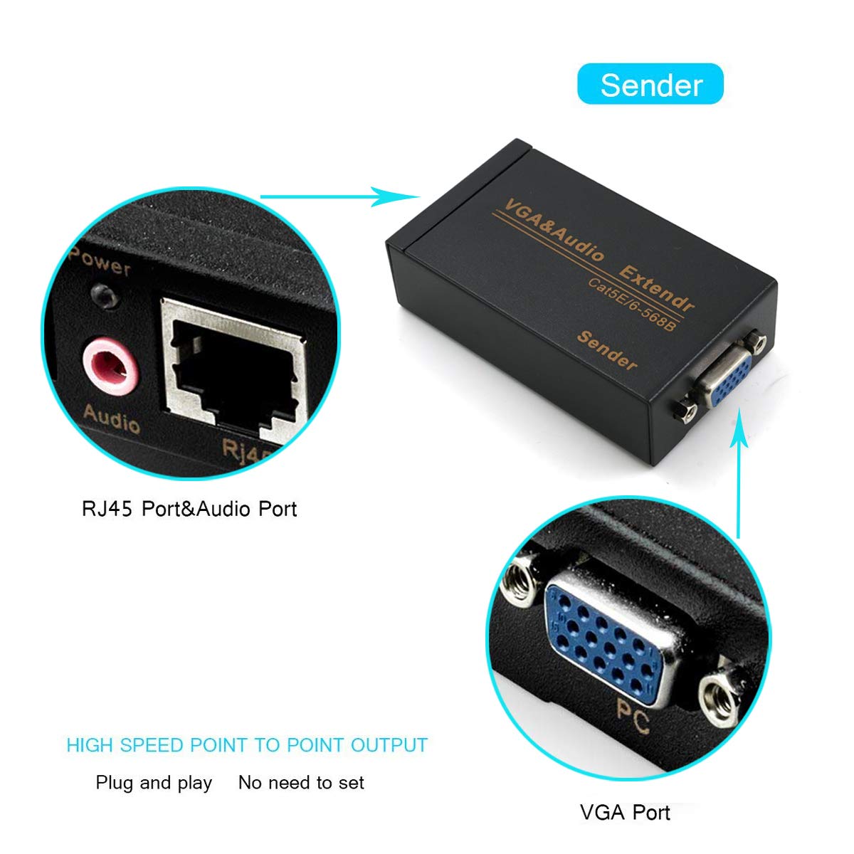 VKBAND VGA Extender Over Cat6 up to 328ft / 100M VGA Extension Adapter Over RJ45 Ethernet Cable (1 Transmitter + 1 Receiver)