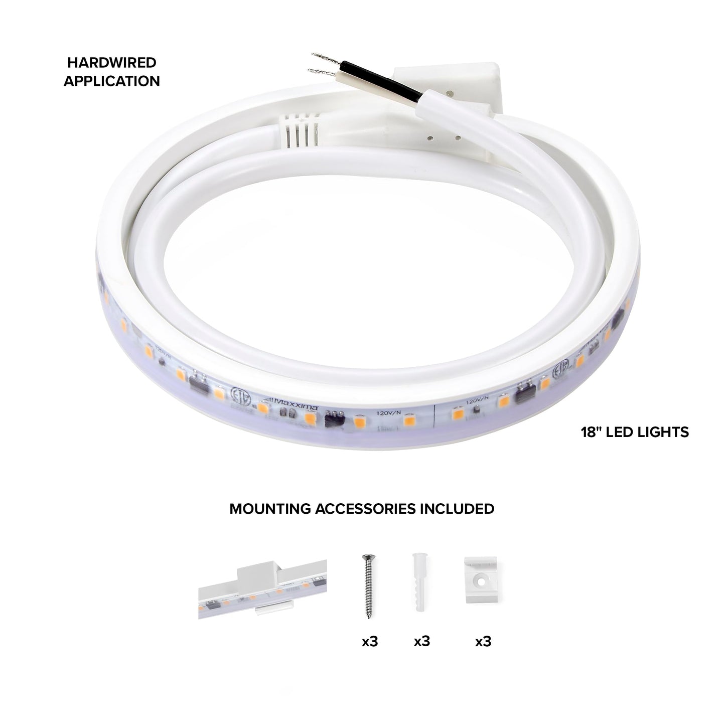 Maxxima 18 in. Hardwired LED Under Cabinet Strip Light, 690 Lumens, 3000K Warm White, Kitchen and Living Room 120V White Cove Lighting, No Power