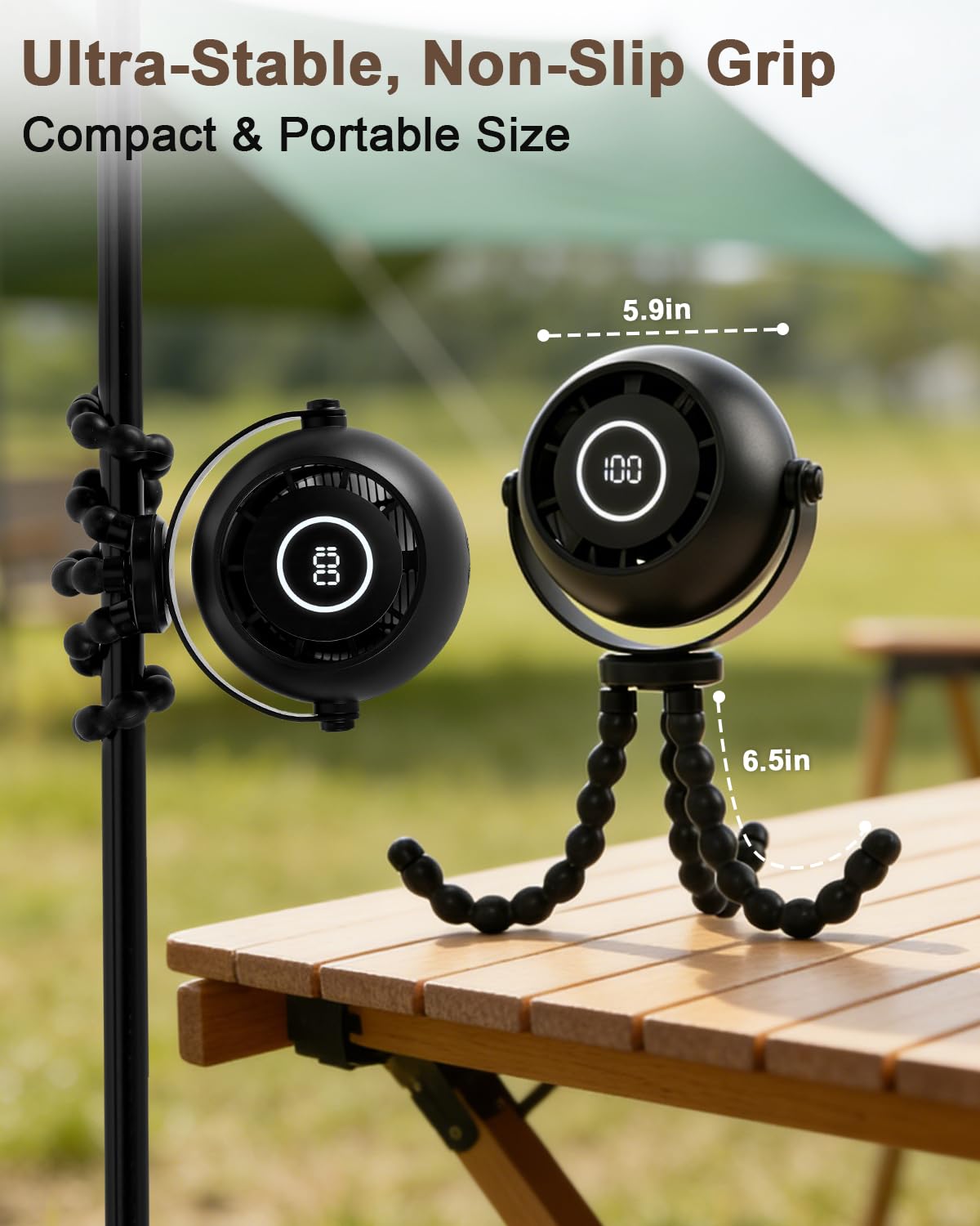 FIALAME Portable Stroller Fan,4000mAh Portable Fan for Stroller Rechargeable with Flexible Tripod,12.5H Battery,3 Speeds,LED Display,360° Rotate,Clip