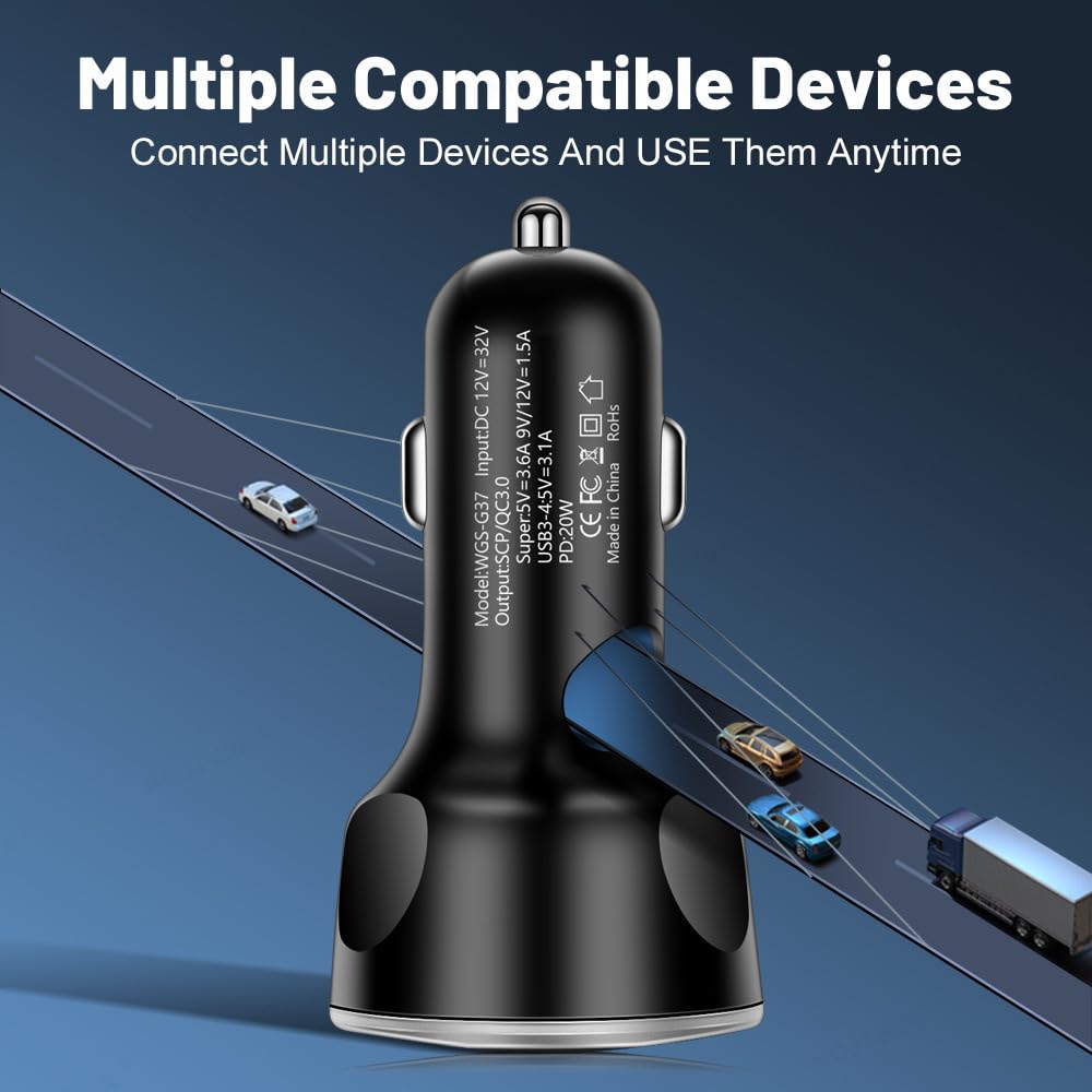 Alanph 5-in-1 Multi-Port USB C Car Phone Charger with Voltage Display, 250W Super Fast Charge Cigarette Lighter USB Charger