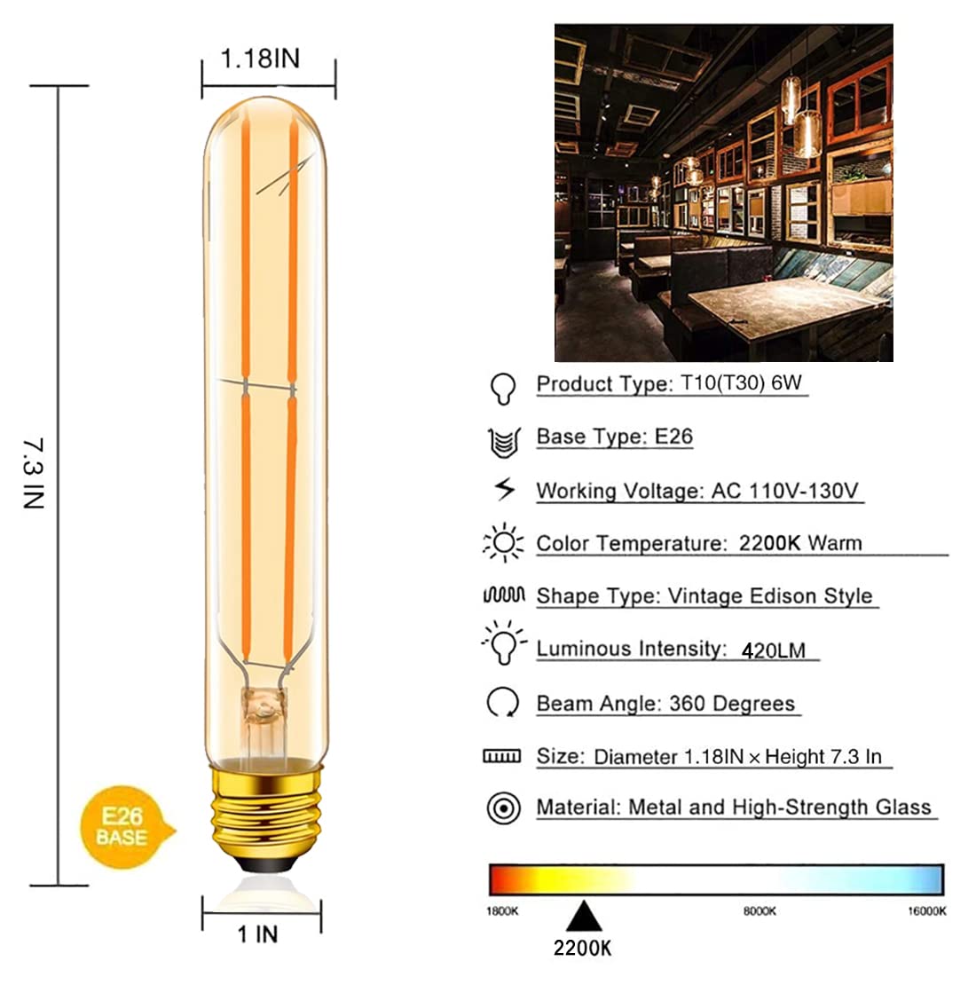 VCTC Lighting E26 LED Bulb Dimmable Amber Tubular Edison Bulb, 6W Equal 60 Watt Light Warm 2200K,T10 for Rustic Pendant,Industrial Wall sconces Bulbs