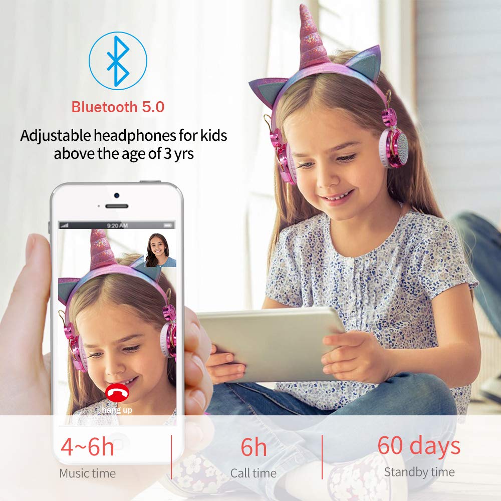 TCJJ Sparkly Unicorn Headphones for Girls, 85dB Safe Volume Limit, Wireless & 3.5mm Wired Headset with Mic, Adjustable Headband, Fast Charging…