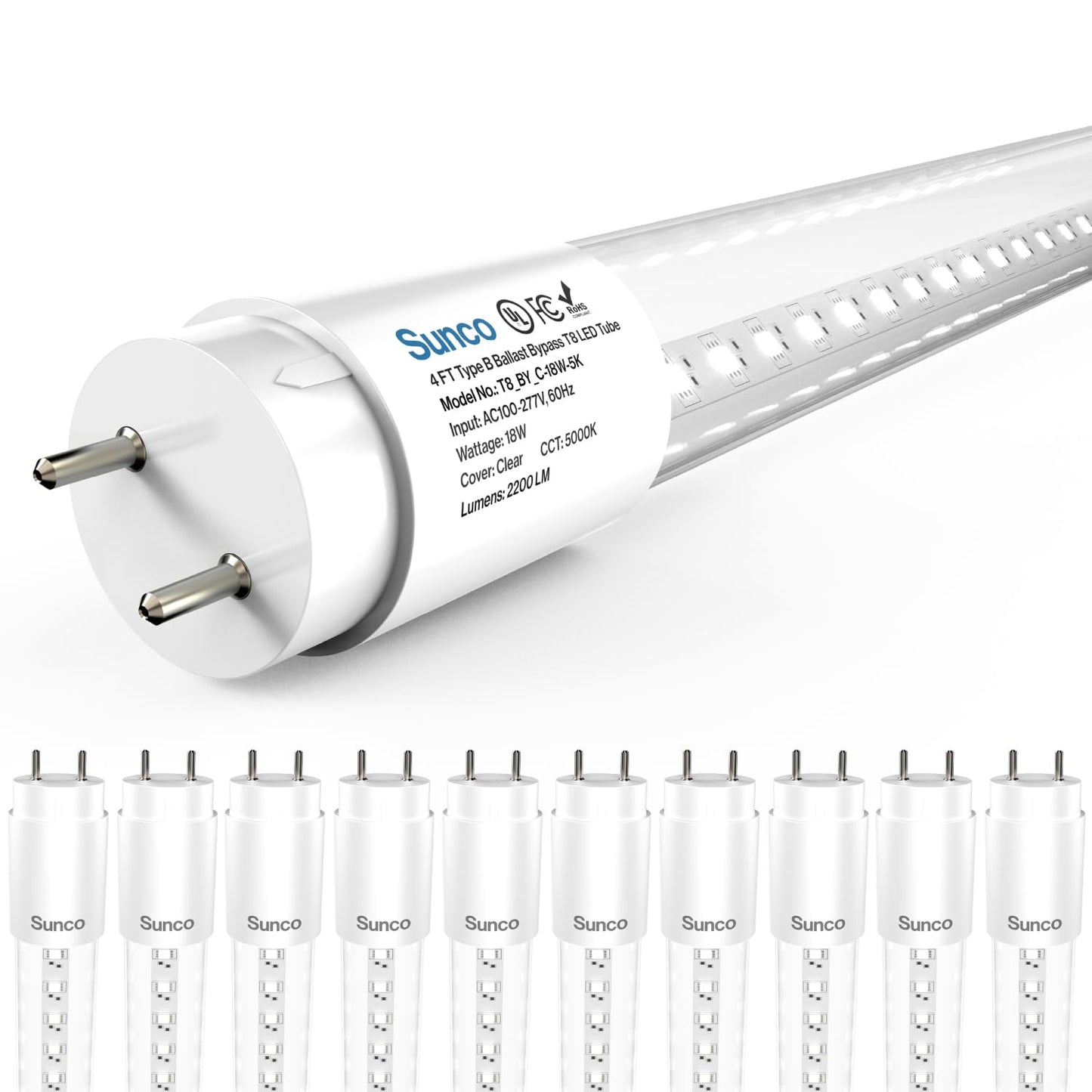 Sunco 10 Pack 4 Foot T8 LED Tube Light Bulbs, 18W, 5000K, Ballast Bypass