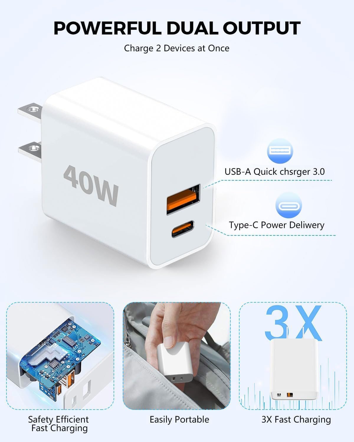 40W Fast Charging kit, 2 Pack wall Charger with USB-C and USB-A Ports and 6-Foot Type-C to Type-C Data Cable, Suitable for iPhone 17/17 Pro/17 Pro
