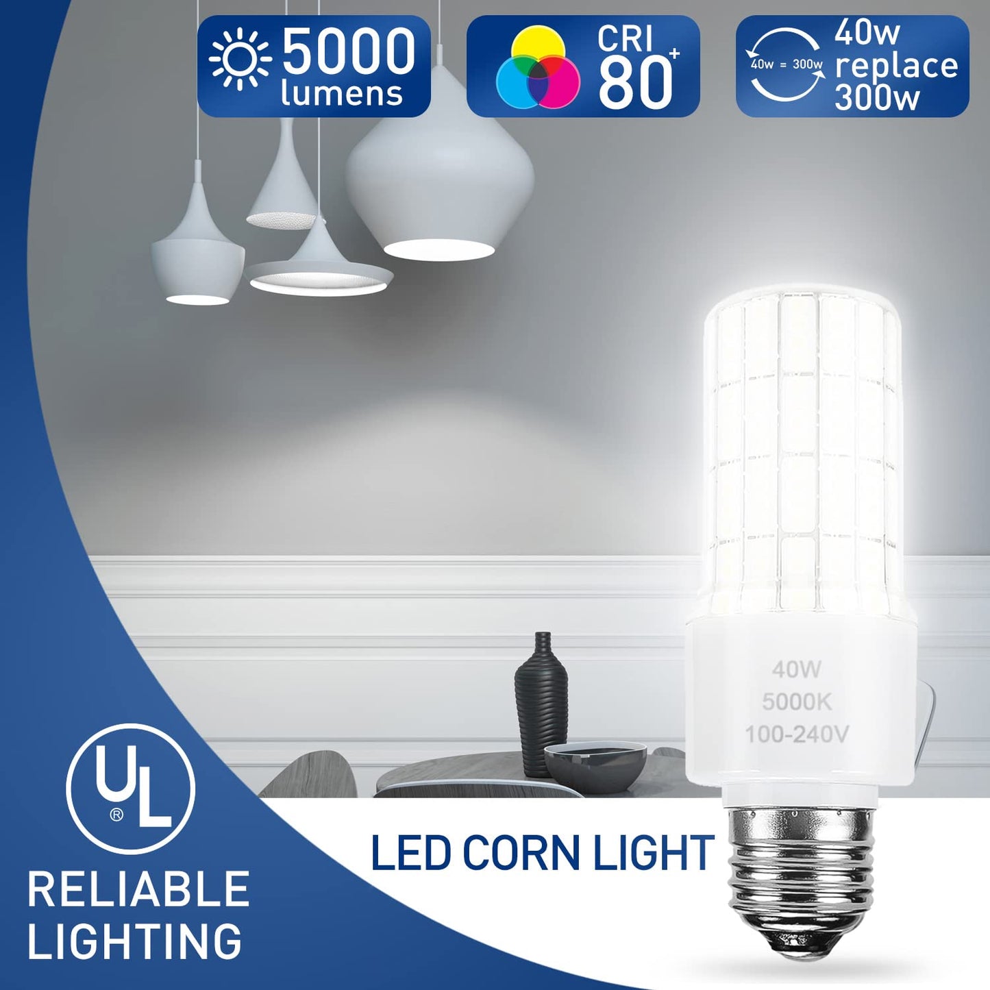 ZP 40W Led Light Bulb 300W Equivalent 5000 Lumen 5000K Daylight White A19 Bulbs, E26/E27 Base Corn Waterproof Lighting for Outdoor IndoorBackyard